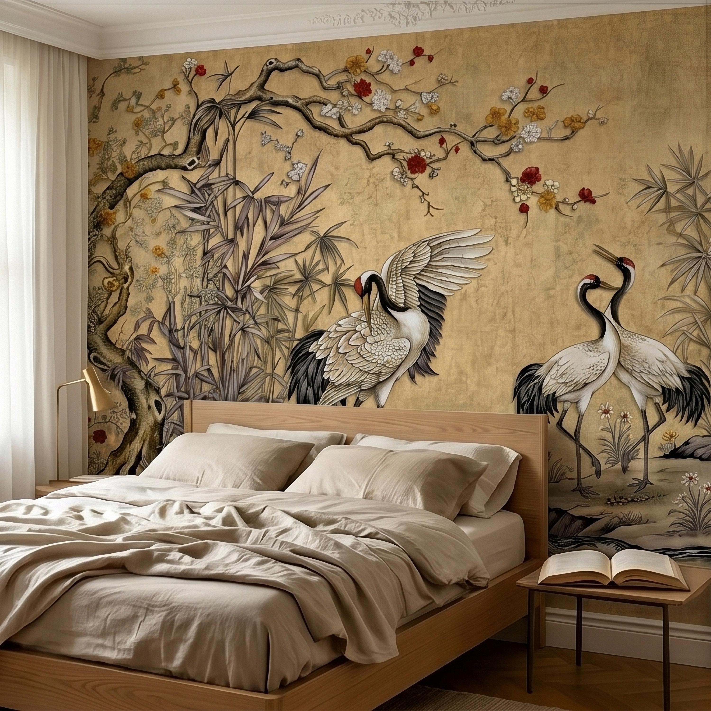 Japanese Cranes Peel and Stick Wall Mural, Vintage Chinoiserie Bamboo Cherry Blossoms, Silk Scroll Style, Asian Birds Gold Tan Wallpaper