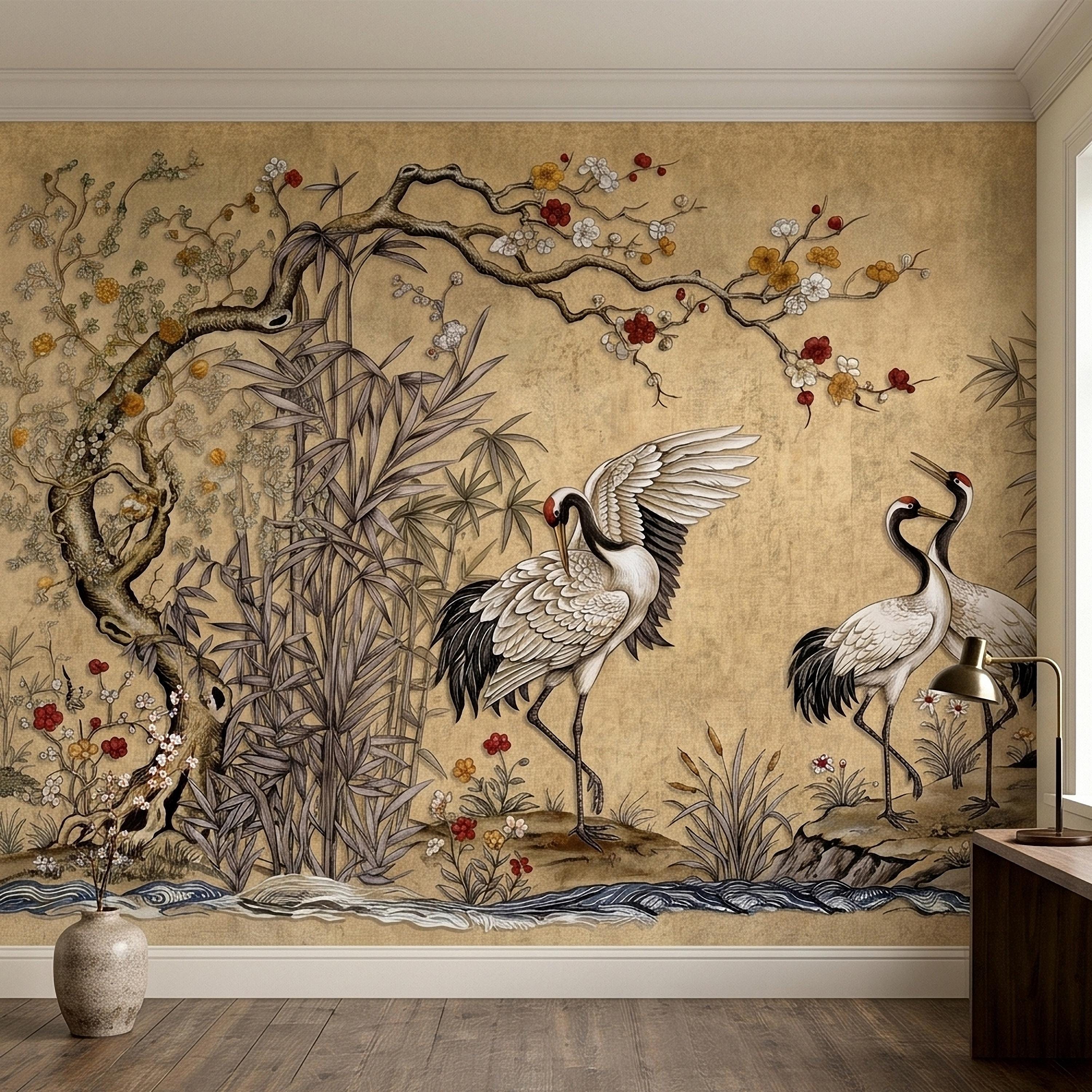 Japanese Cranes Peel and Stick Wall Mural, Vintage Chinoiserie Bamboo Cherry Blossoms, Silk Scroll Style, Asian Birds Gold Tan Wallpaper