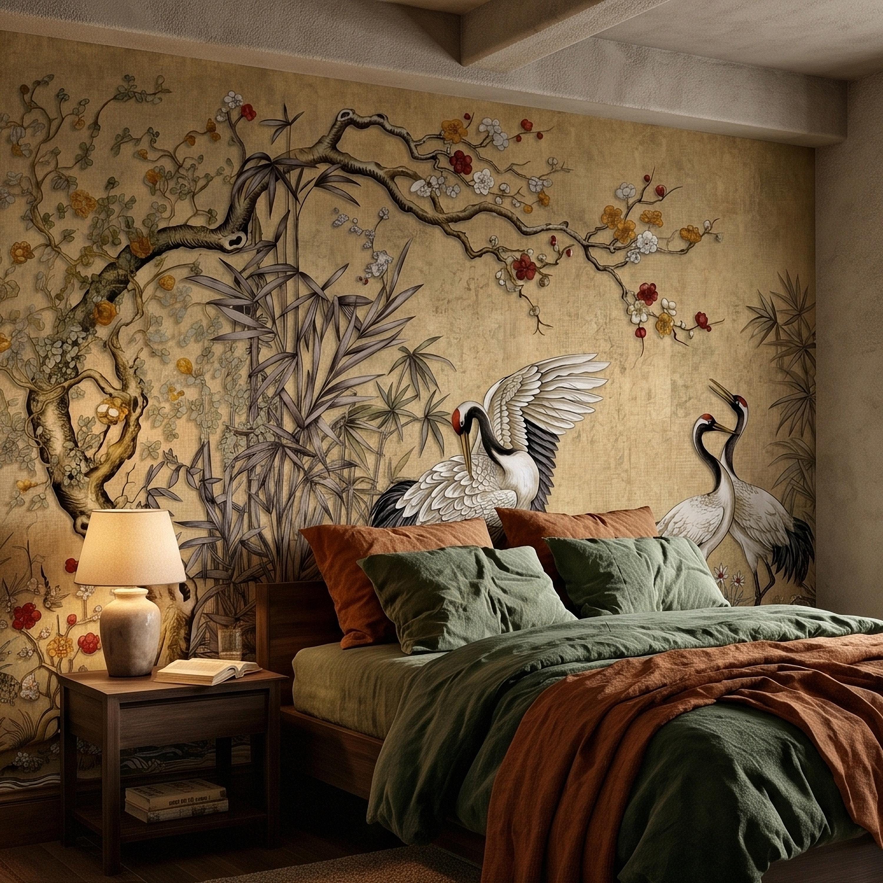 Japanese Cranes Peel and Stick Wall Mural, Vintage Chinoiserie Bamboo Cherry Blossoms, Silk Scroll Style, Asian Birds Gold Tan Wallpaper