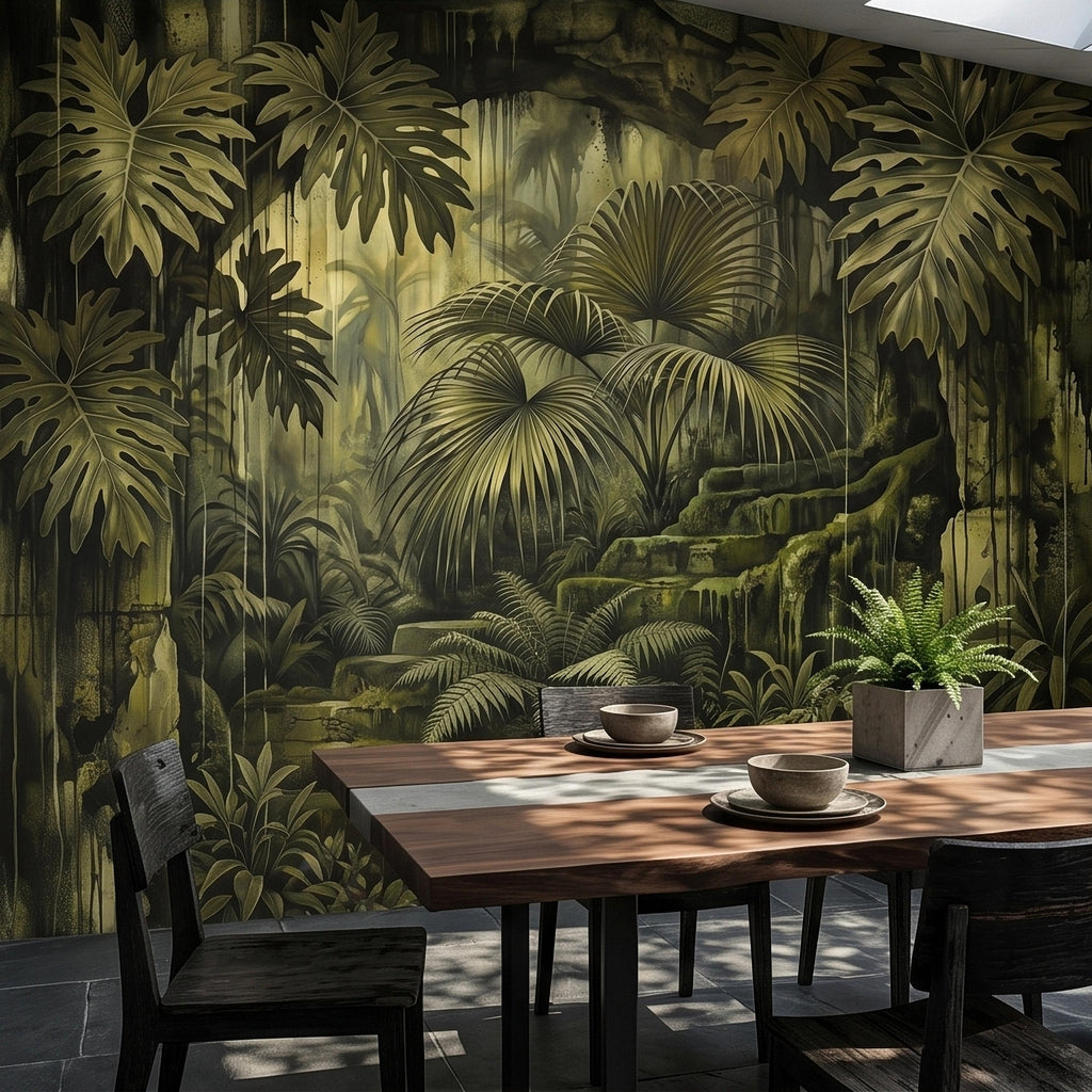 Dark Jungle Peel and Stick Wall Mural, Monstera Palm Leaves Overgrown Ruins, Moody Tropical Rainforest Vintage Grunge Botanical Wallpaper