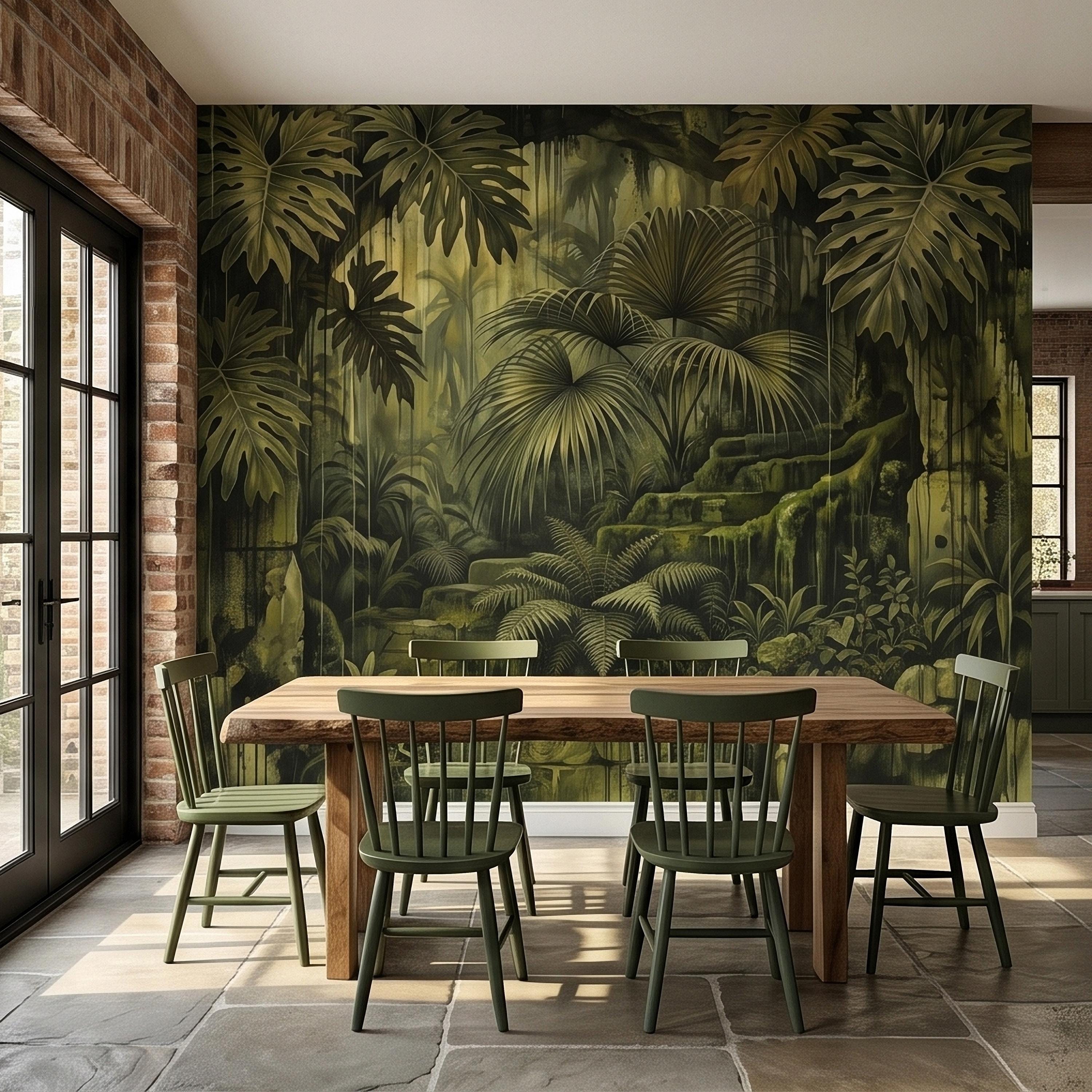 Dark Jungle Peel and Stick Wall Mural, Monstera Palm Leaves Overgrown Ruins, Moody Tropical Rainforest Vintage Grunge Botanical Wallpaper