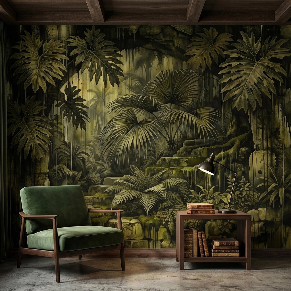 Dark Jungle Peel and Stick Wall Mural, Monstera Palm Leaves Overgrown Ruins, Moody Tropical Rainforest Vintage Grunge Botanical Wallpaper