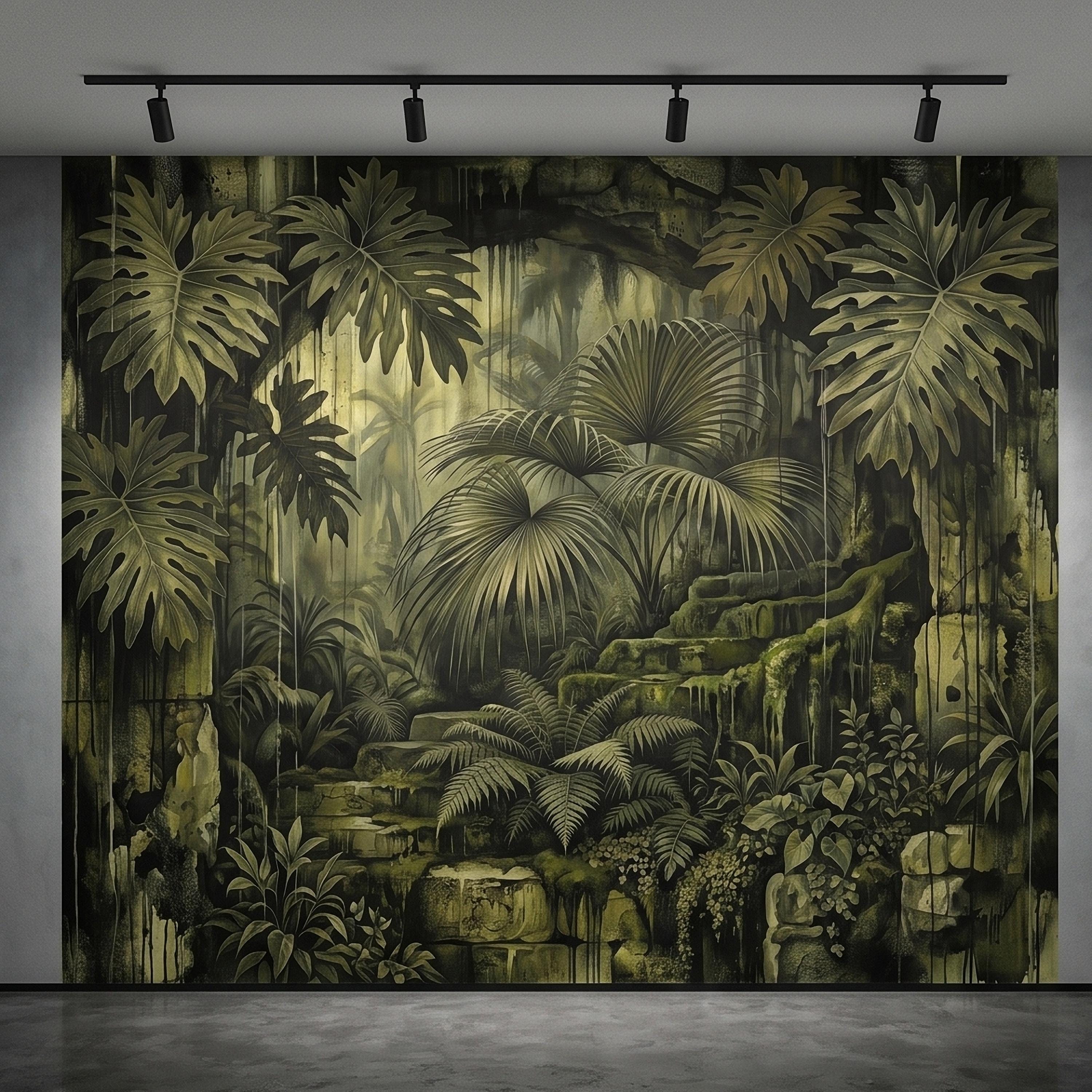 Dark Jungle Peel and Stick Wall Mural, Monstera Palm Leaves Overgrown Ruins, Moody Tropical Rainforest Vintage Grunge Botanical Wallpaper