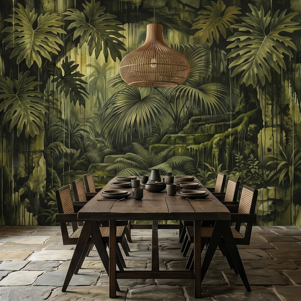 Dark Jungle Peel and Stick Wall Mural, Monstera Palm Leaves Overgrown Ruins, Moody Tropical Rainforest Vintage Grunge Botanical Wallpaper