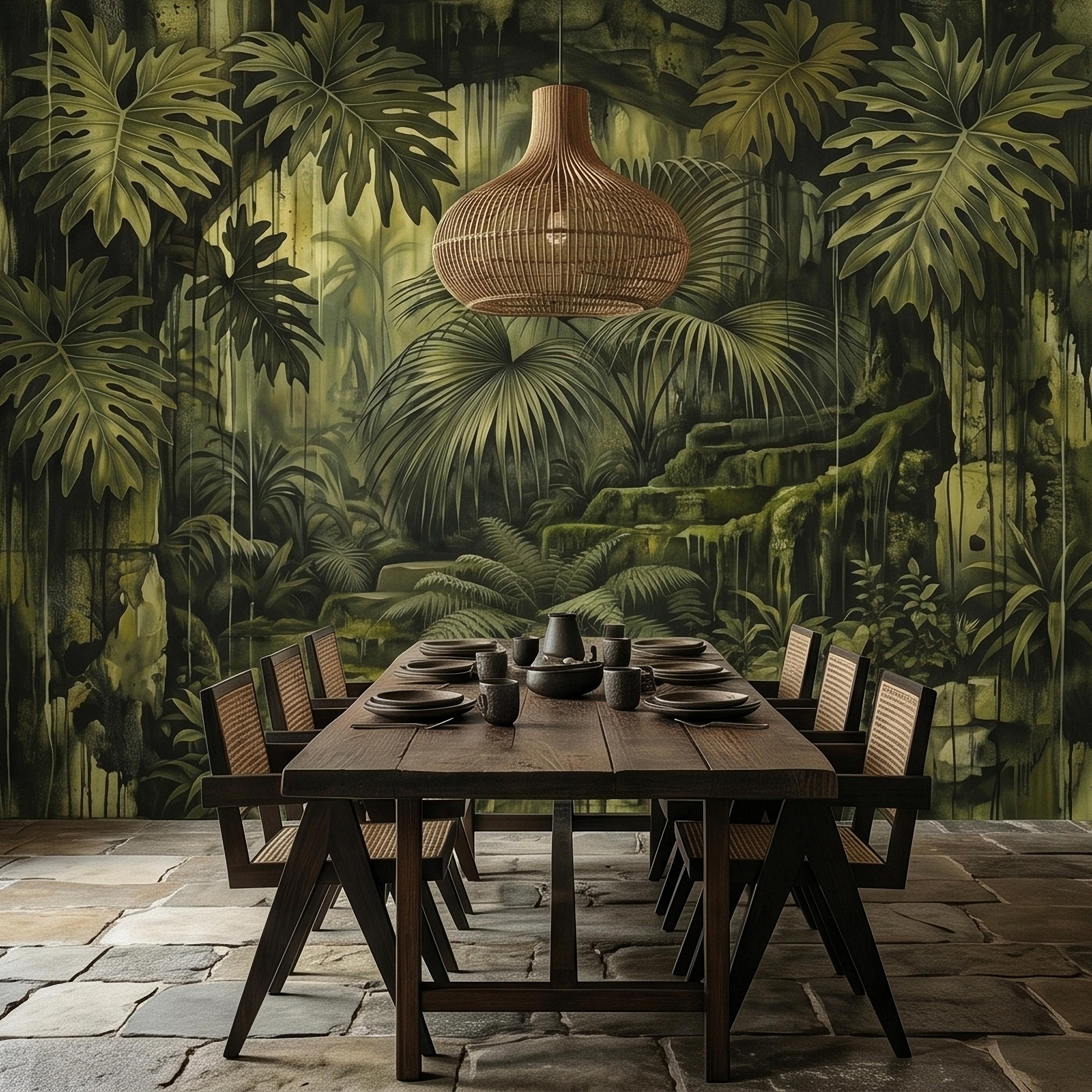 Dark Jungle Peel and Stick Wall Mural, Monstera Palm Leaves Overgrown Ruins, Moody Tropical Rainforest Vintage Grunge Botanical Wallpaper