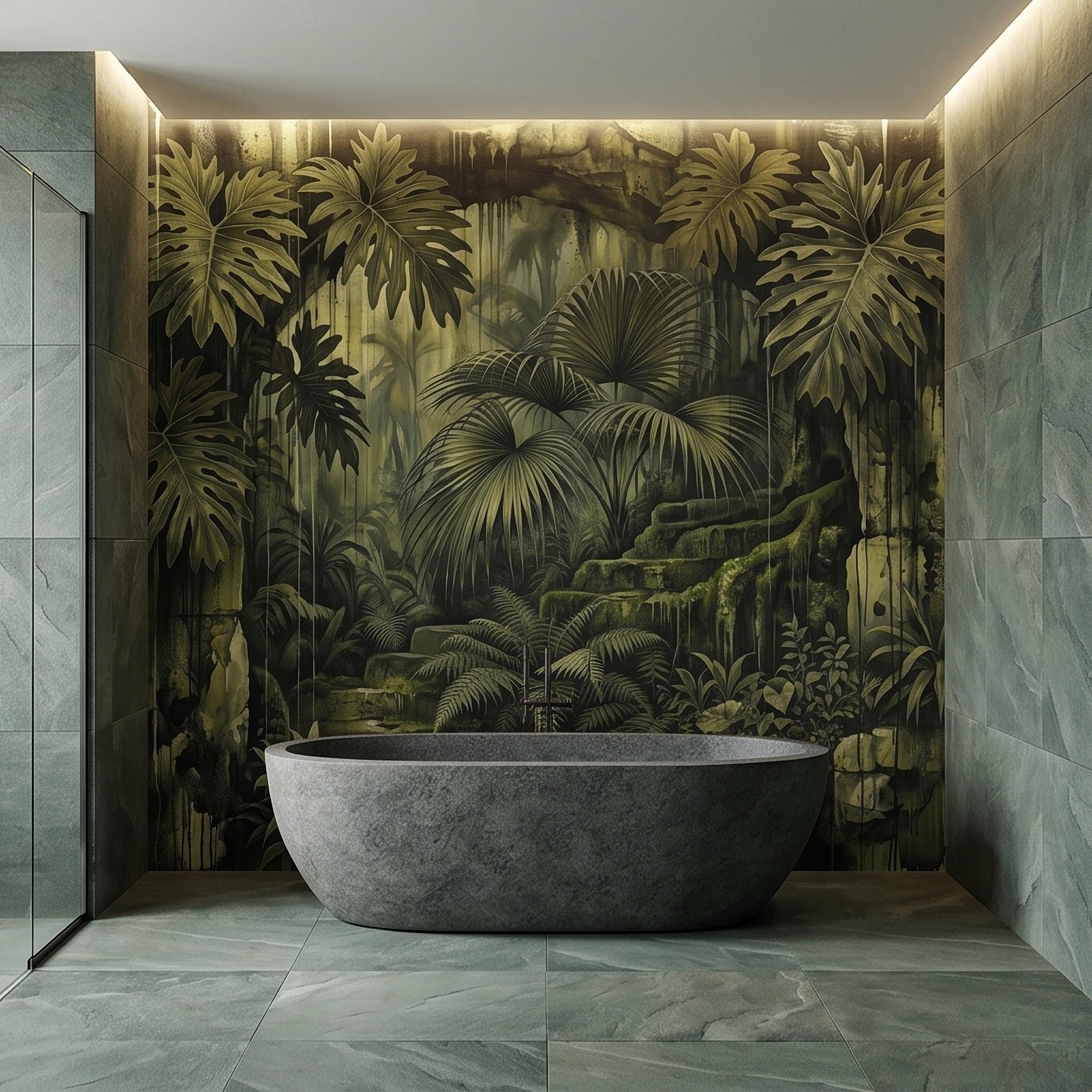 Dark Jungle Peel and Stick Wall Mural, Monstera Palm Leaves Overgrown Ruins, Moody Tropical Rainforest Vintage Grunge Botanical Wallpaper