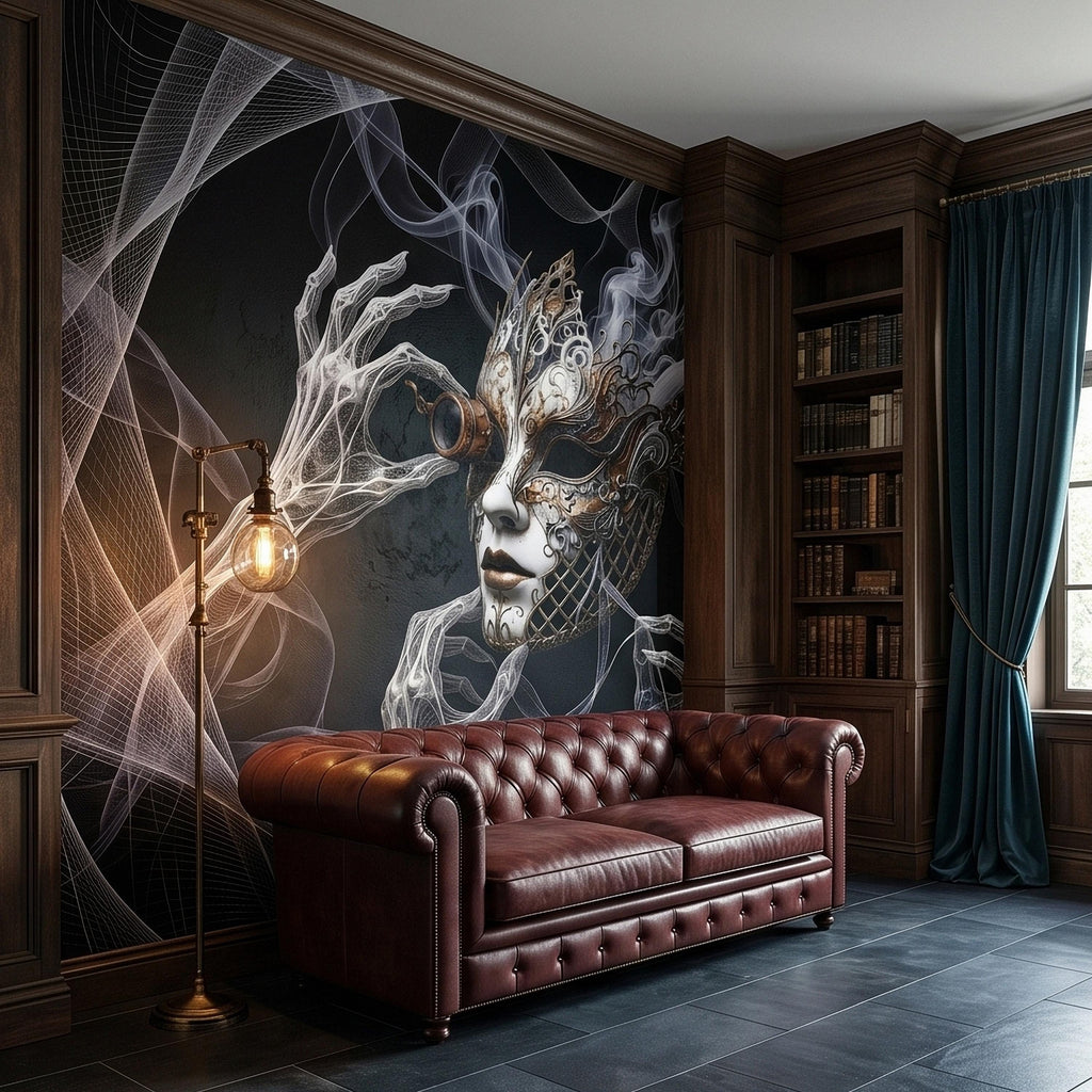 Steampunk Masquerade Mask Peel and Stick Wall Mural, Gothic Smoke Phantom Hands Dark Black Surreal Venetian Carnival Art Moody Wallpaper