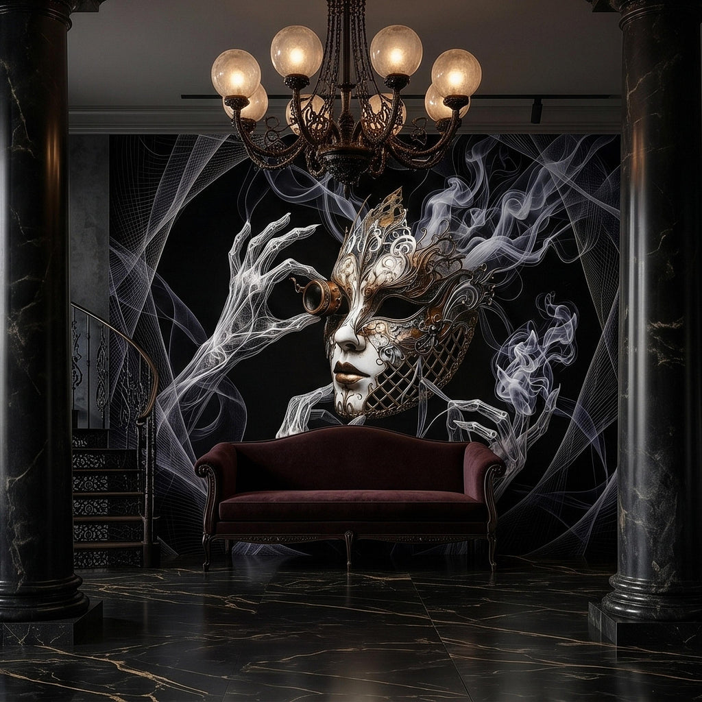 Steampunk Masquerade Mask Peel and Stick Wall Mural, Gothic Smoke Phantom Hands Dark Black Surreal Venetian Carnival Art Moody Wallpaper