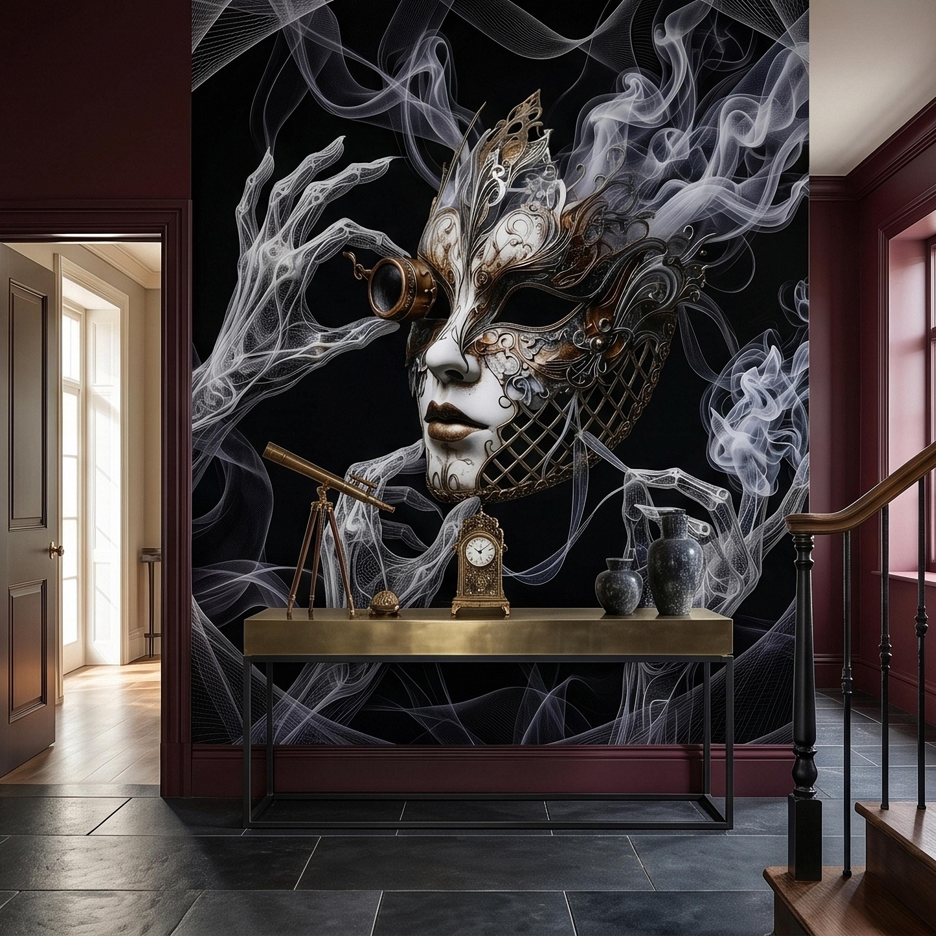 Steampunk Masquerade Mask Peel and Stick Wall Mural, Gothic Smoke Phantom Hands Dark Black Surreal Venetian Carnival Art Moody Wallpaper