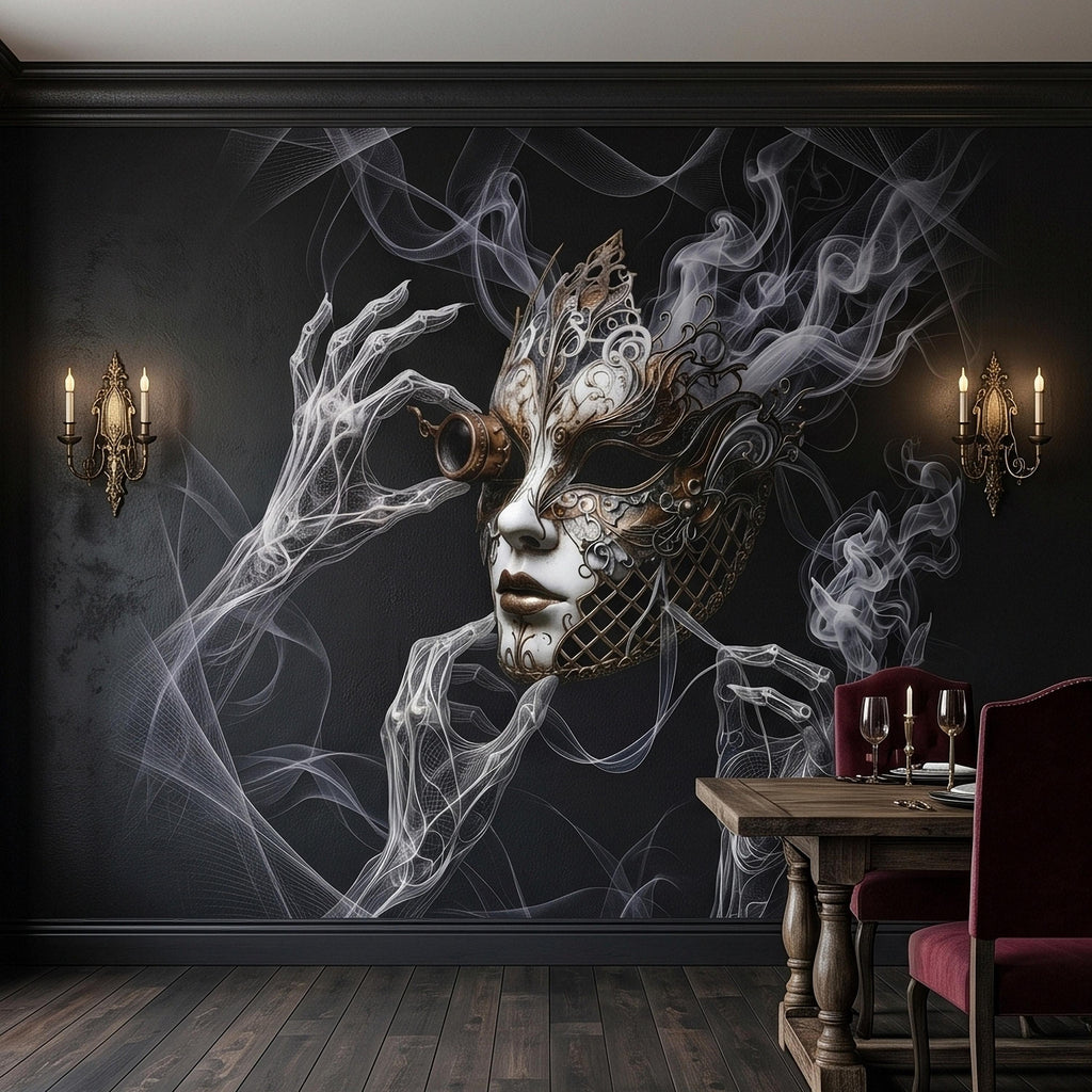 Steampunk Masquerade Mask Peel and Stick Wall Mural, Gothic Smoke Phantom Hands Dark Black Surreal Venetian Carnival Art Moody Wallpaper