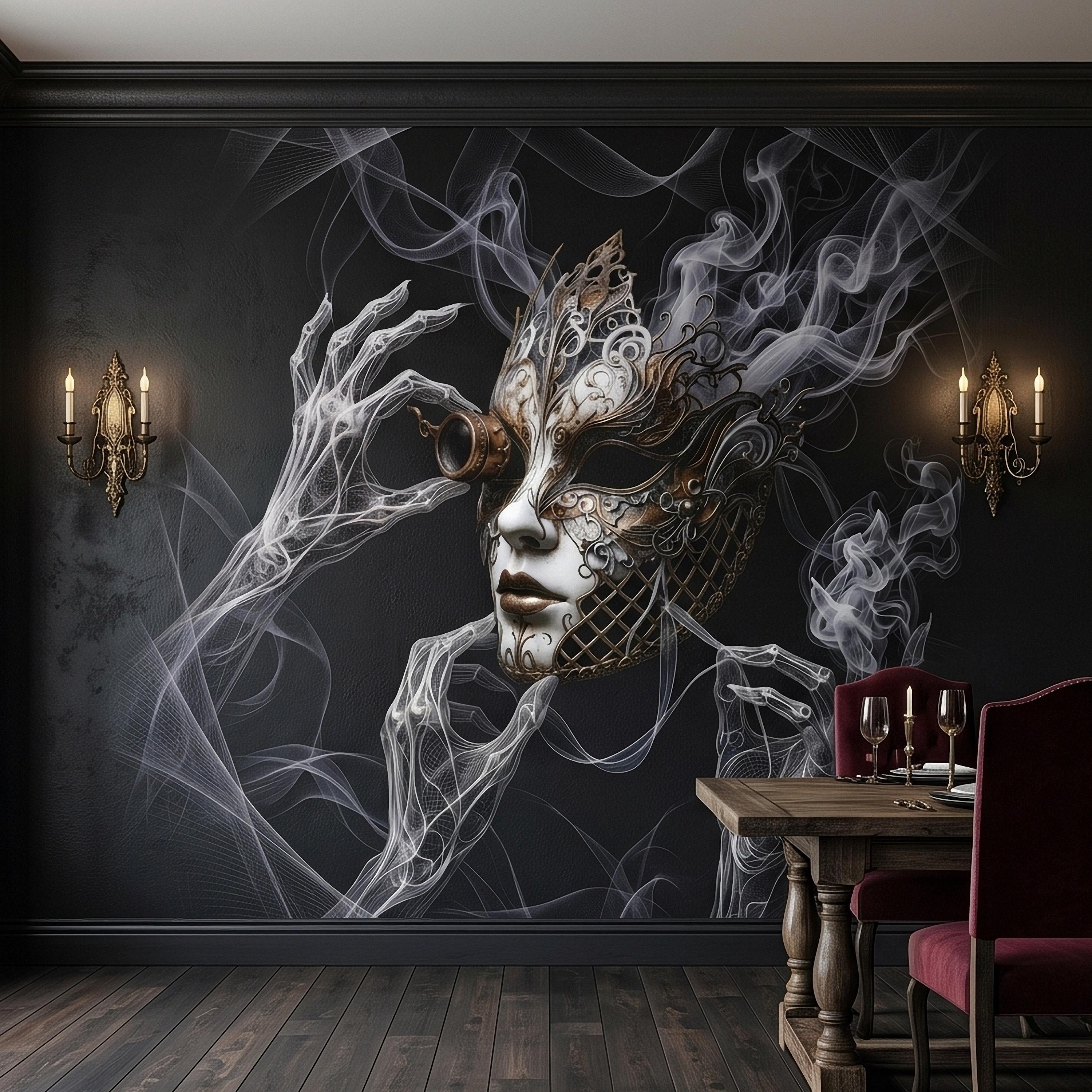 Steampunk Masquerade Mask Peel and Stick Wall Mural, Gothic Smoke Phantom Hands Dark Black Surreal Venetian Carnival Art Moody Wallpaper