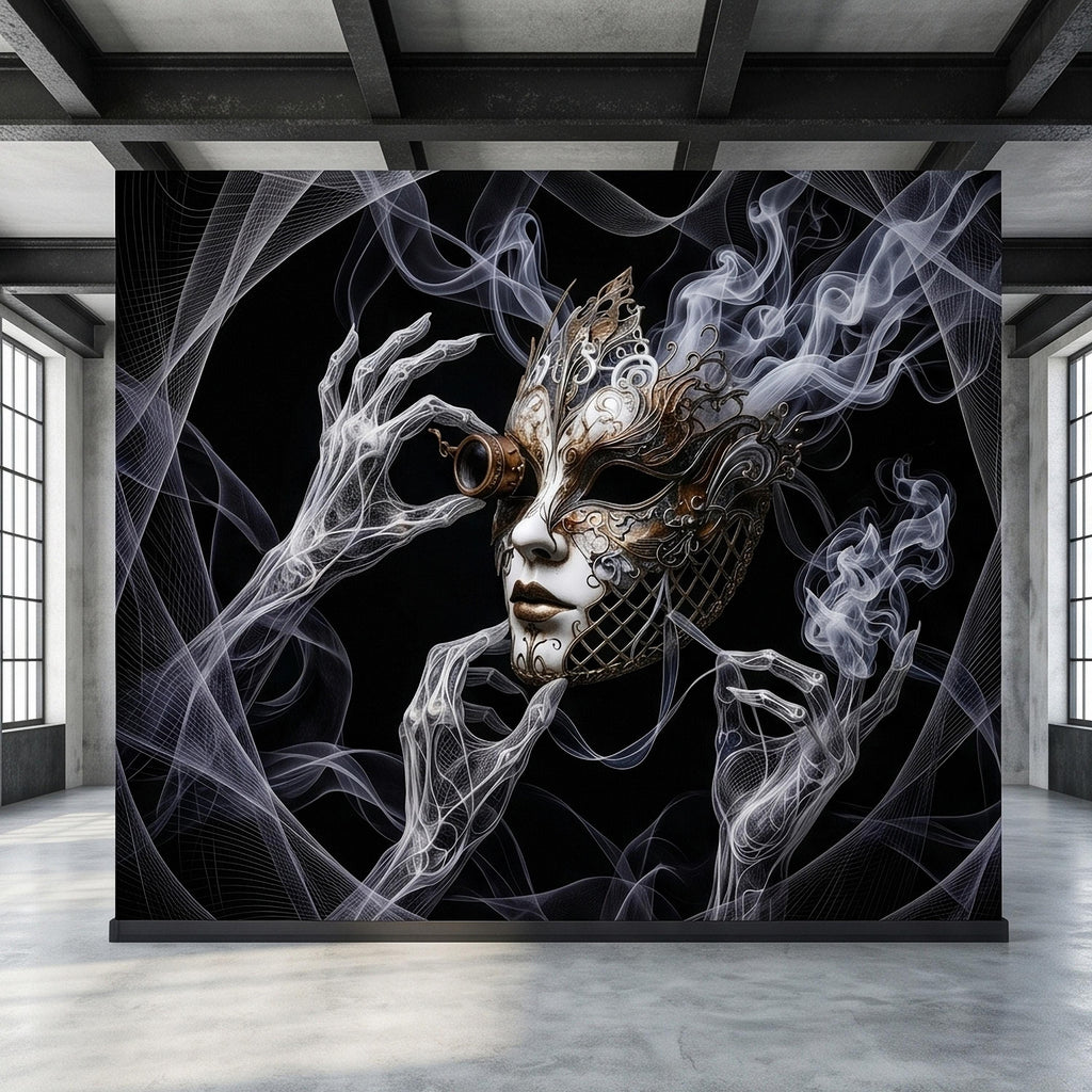 Steampunk Masquerade Mask Peel and Stick Wall Mural, Gothic Smoke Phantom Hands Dark Black Surreal Venetian Carnival Art Moody Wallpaper