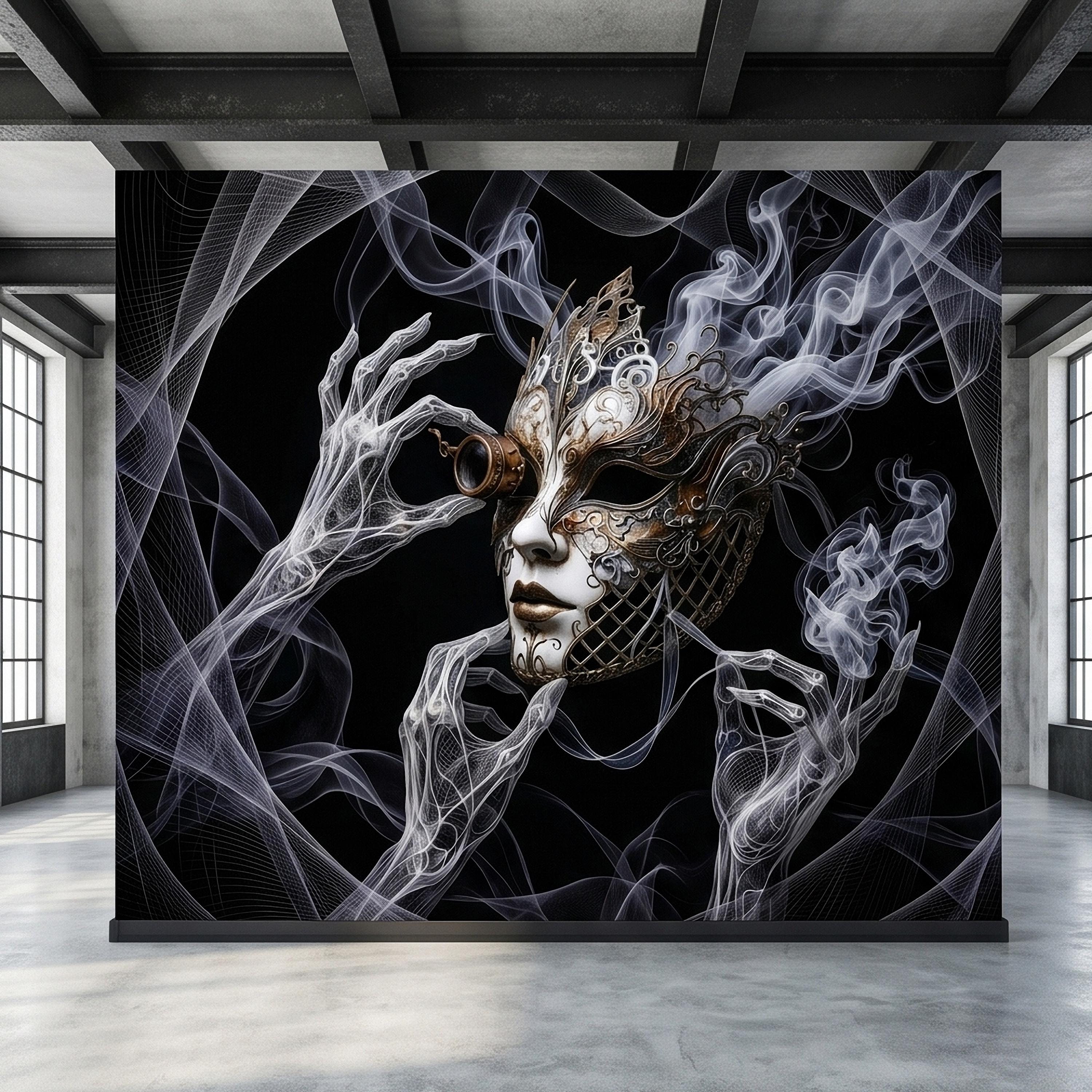 Steampunk Masquerade Mask Peel and Stick Wall Mural, Gothic Smoke Phantom Hands Dark Black Surreal Venetian Carnival Art Moody Wallpaper