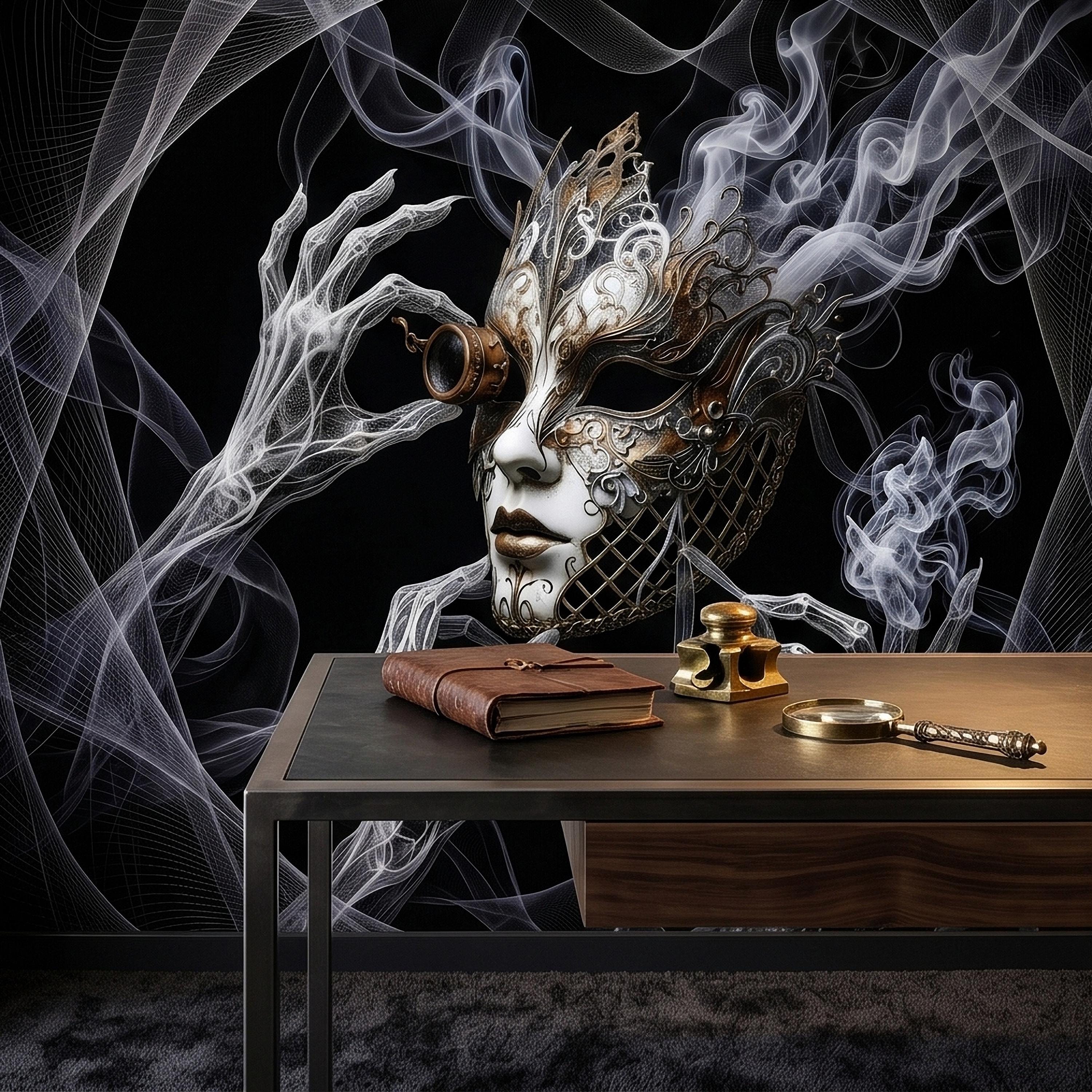 Steampunk Masquerade Mask Peel and Stick Wall Mural, Gothic Smoke Phantom Hands Dark Black Surreal Venetian Carnival Art Moody Wallpaper