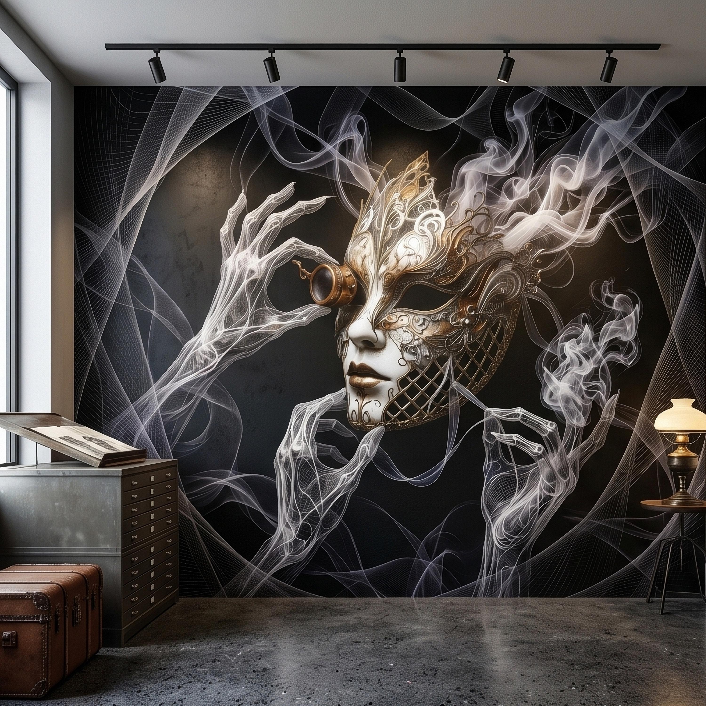 Steampunk Masquerade Mask Peel and Stick Wall Mural, Gothic Smoke Phantom Hands Dark Black Surreal Venetian Carnival Art Moody Wallpaper