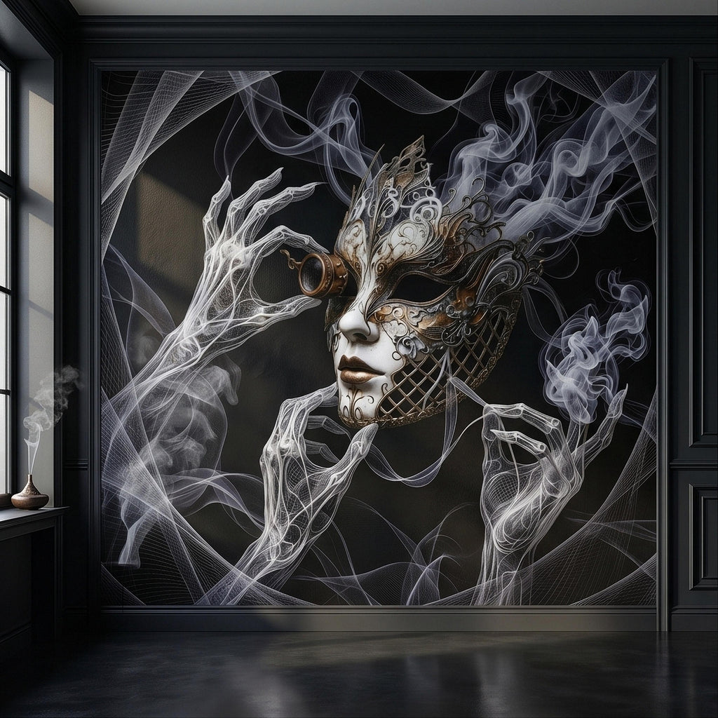 Steampunk Masquerade Mask Peel and Stick Wall Mural, Gothic Smoke Phantom Hands Dark Black Surreal Venetian Carnival Art Moody Wallpaper