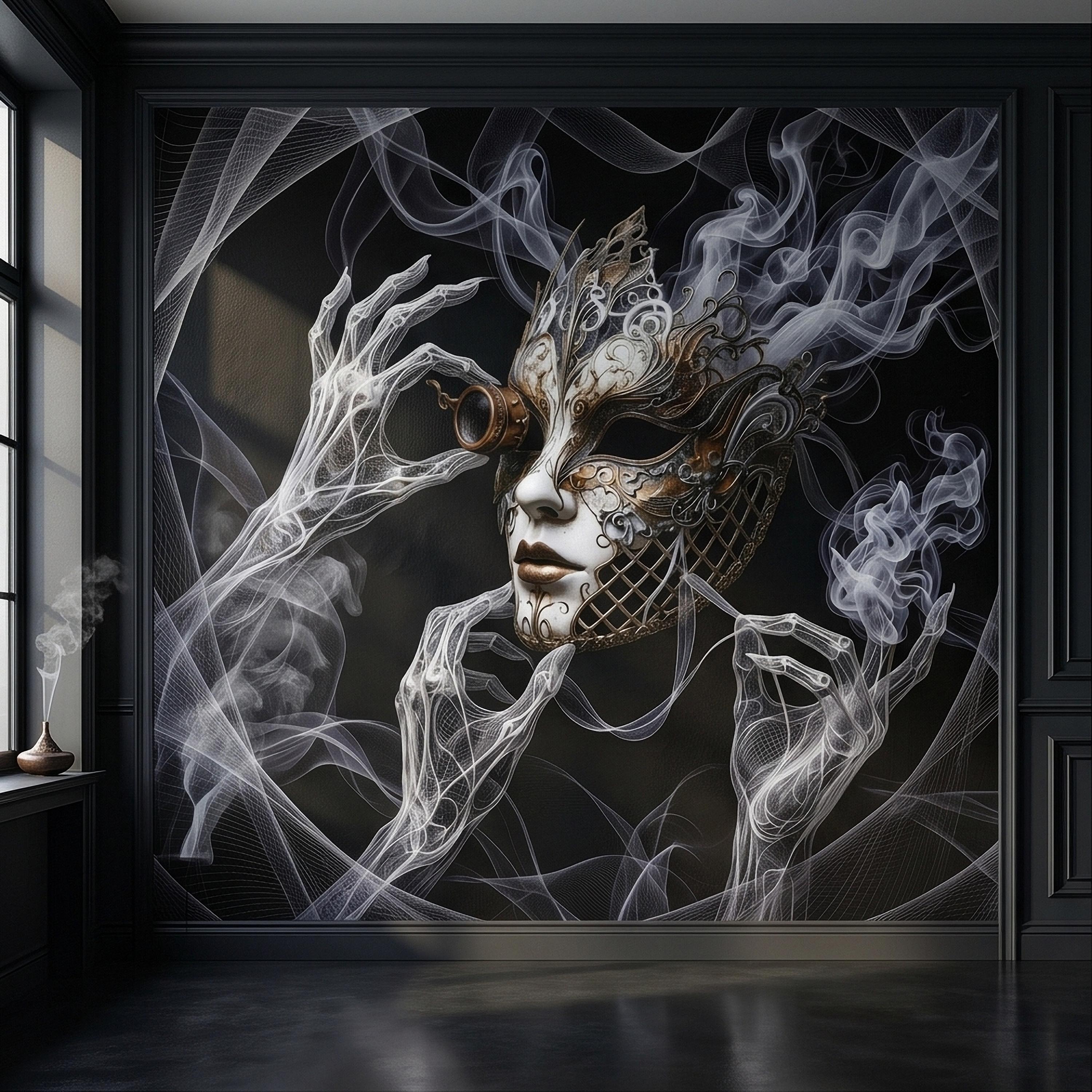 Steampunk Masquerade Mask Peel and Stick Wall Mural, Gothic Smoke Phantom Hands Dark Black Surreal Venetian Carnival Art Moody Wallpaper
