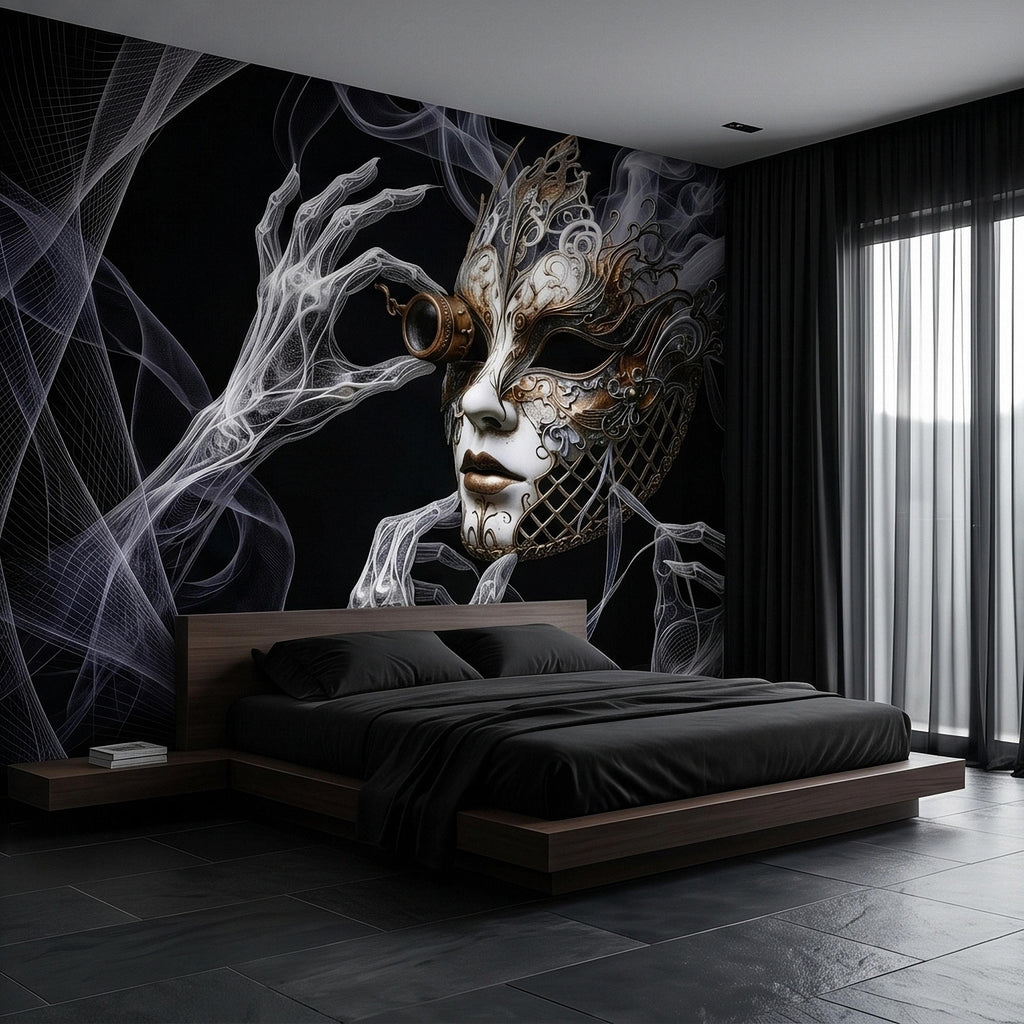 Steampunk Masquerade Mask Peel and Stick Wall Mural, Gothic Smoke Phantom Hands Dark Black Surreal Venetian Carnival Art Moody Wallpaper