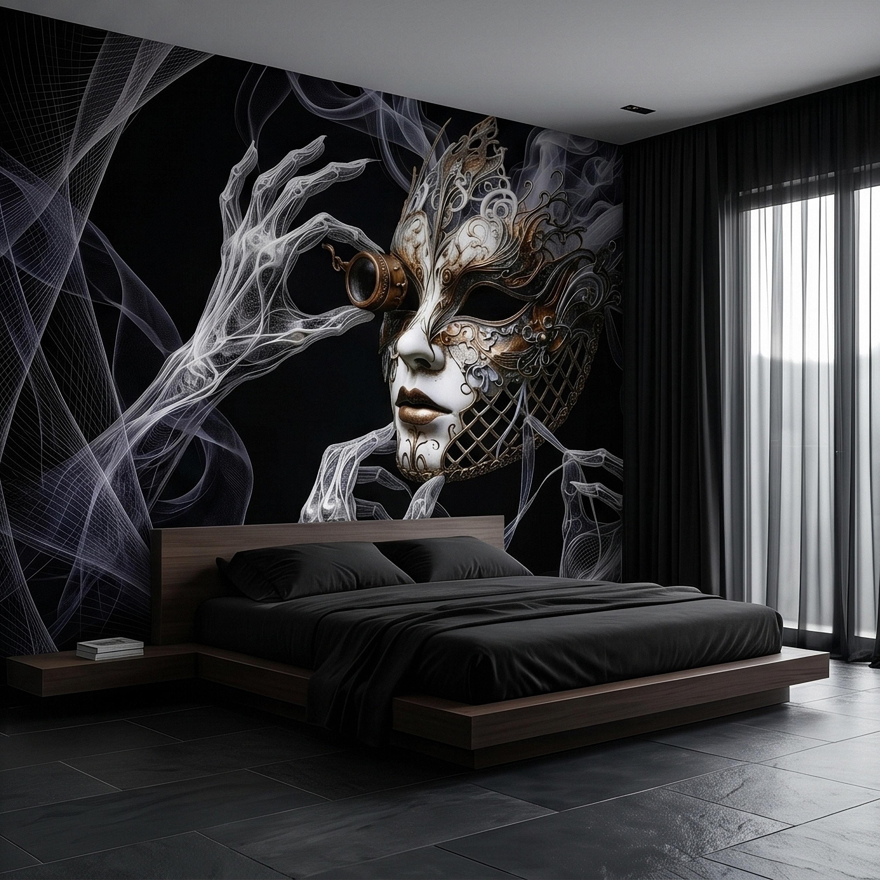 Steampunk Masquerade Mask Peel and Stick Wall Mural, Gothic Smoke Phantom Hands Dark Black Surreal Venetian Carnival Art Moody Wallpaper
