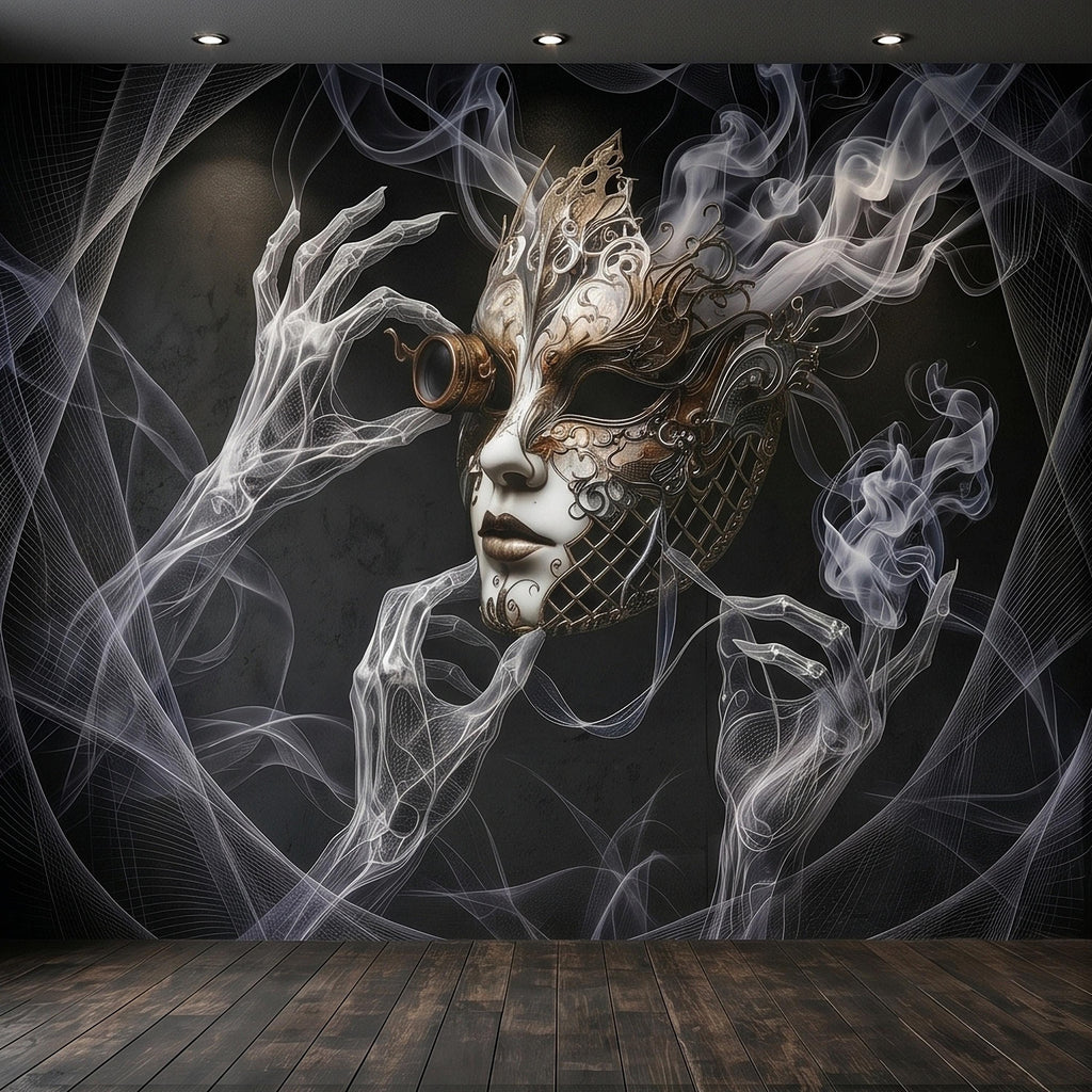 Steampunk Masquerade Mask Peel and Stick Wall Mural, Gothic Smoke Phantom Hands Dark Black Surreal Venetian Carnival Art Moody Wallpaper