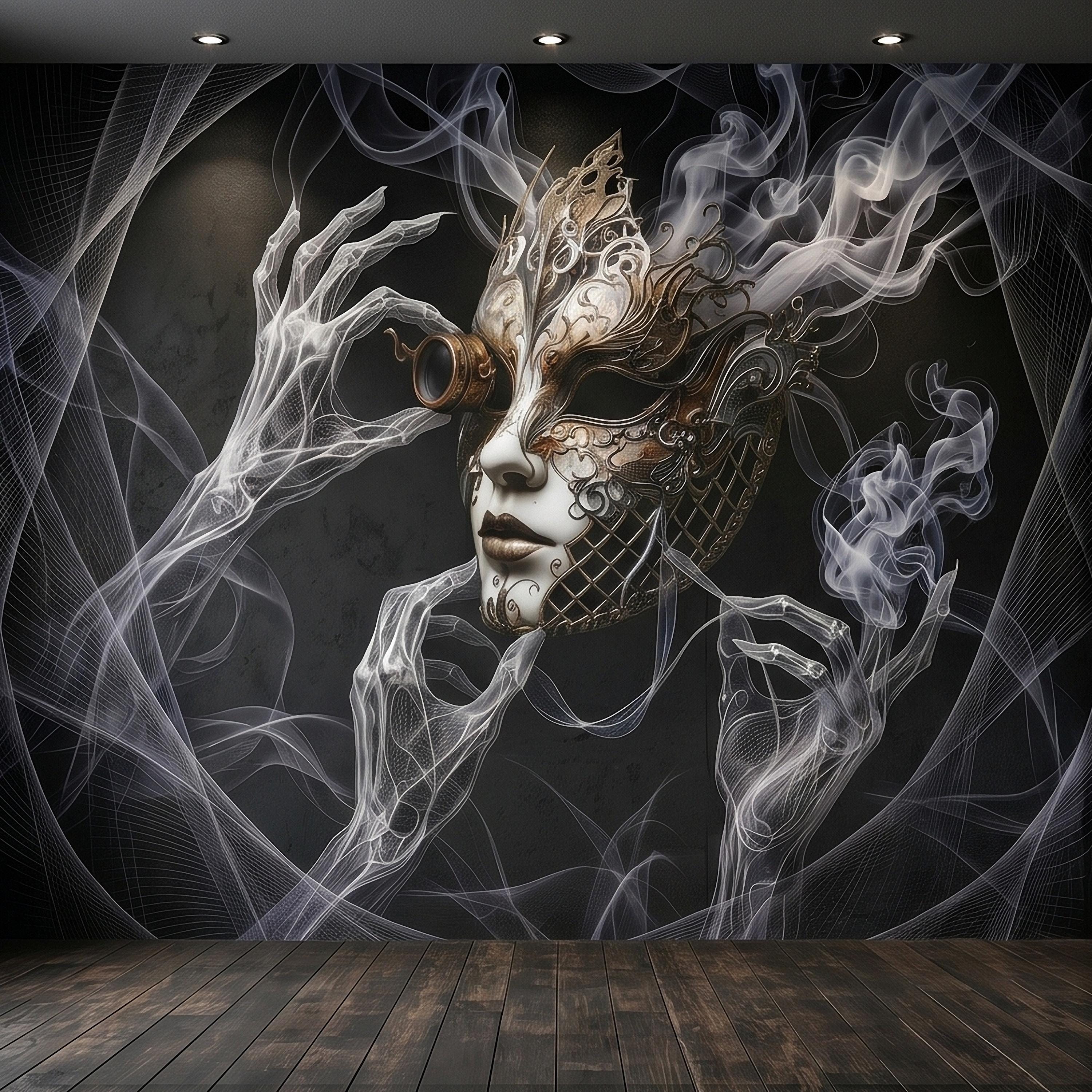 Steampunk Masquerade Mask Peel and Stick Wall Mural, Gothic Smoke Phantom Hands Dark Black Surreal Venetian Carnival Art Moody Wallpaper