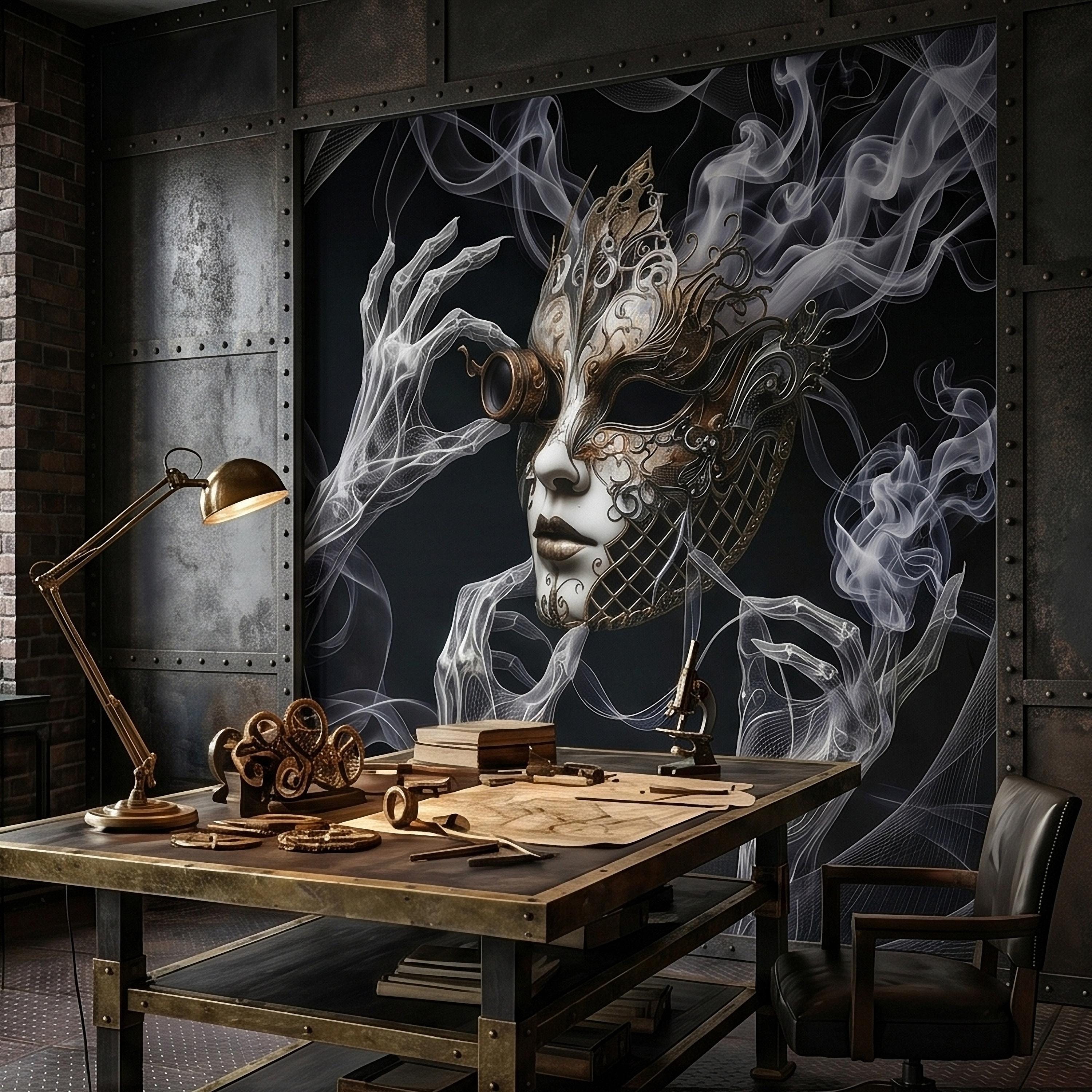 Steampunk Masquerade Mask Peel and Stick Wall Mural, Gothic Smoke Phantom Hands Dark Black Surreal Venetian Carnival Art Moody Wallpaper