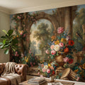 Vintage Floral Garden Peel and Stick Wall Mural, Romantic Stone Archway Roses Peonies and Birds, Classic European Landscape Wallpaper