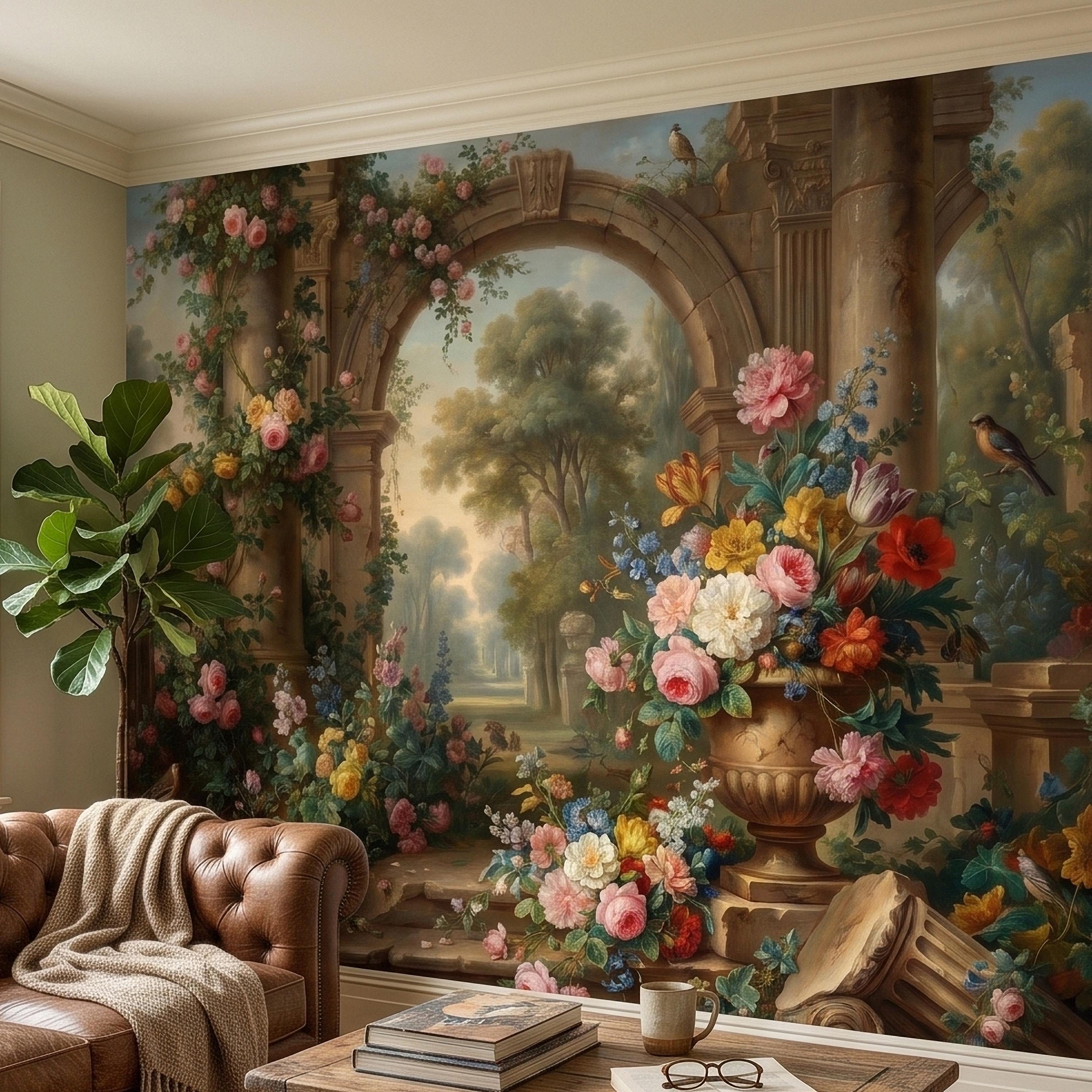 Vintage Floral Garden Peel and Stick Wall Mural, Romantic Stone Archway Roses Peonies and Birds, Classic European Landscape Wallpaper