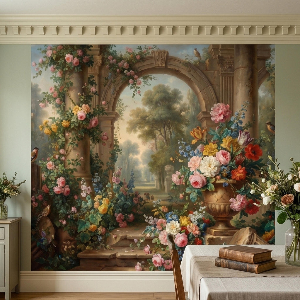 Vintage Floral Garden Peel and Stick Wall Mural, Romantic Stone Archway Roses Peonies and Birds, Classic European Landscape Wallpaper