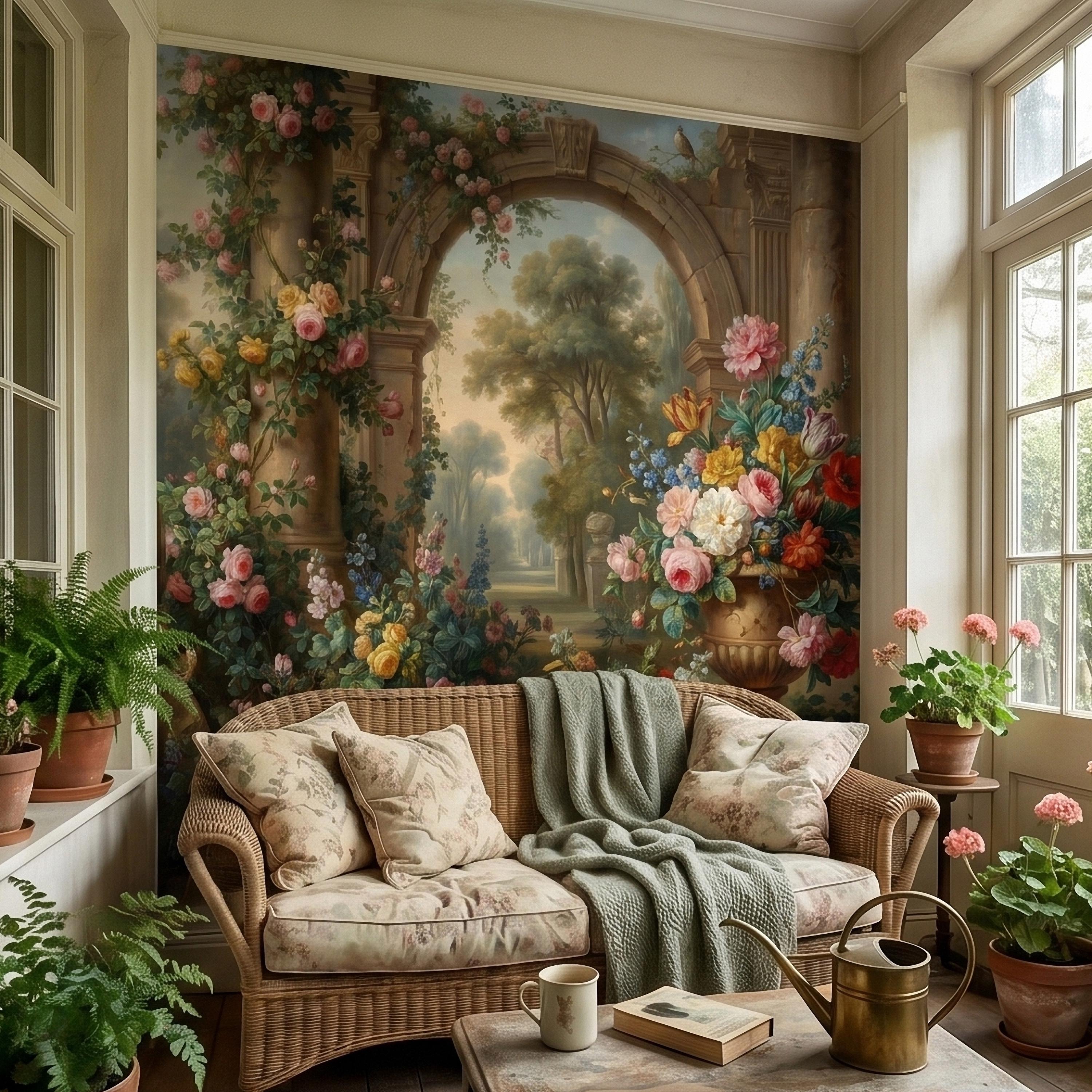 Vintage Floral Garden Peel and Stick Wall Mural, Romantic Stone Archway Roses Peonies and Birds, Classic European Landscape Wallpaper