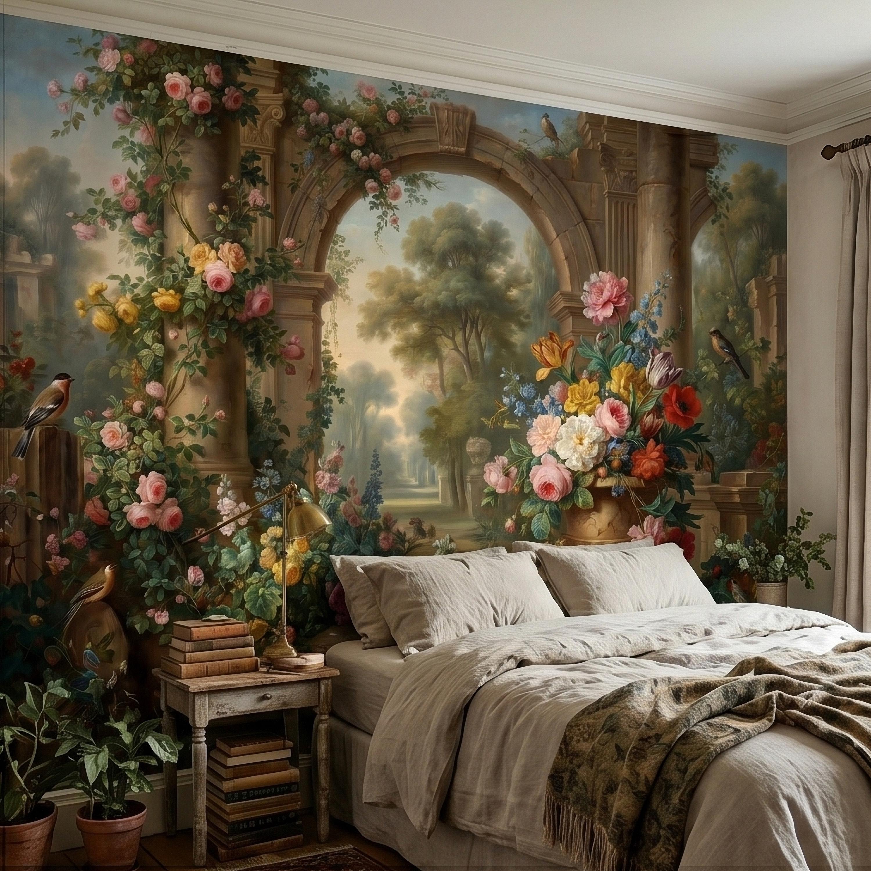 Vintage Floral Garden Peel and Stick Wall Mural, Romantic Stone Archway Roses Peonies and Birds, Classic European Landscape Wallpaper
