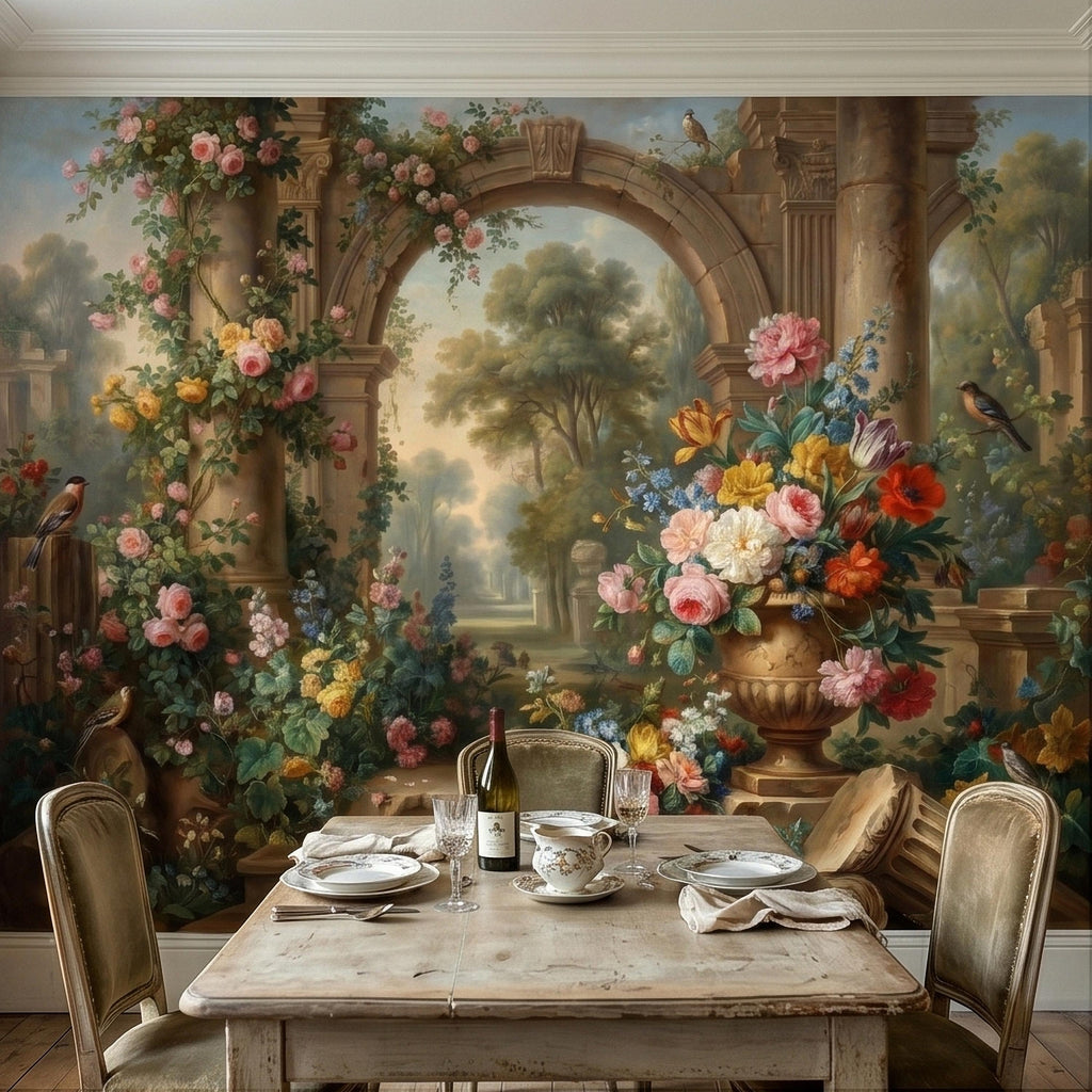 Vintage Floral Garden Peel and Stick Wall Mural, Romantic Stone Archway Roses Peonies and Birds, Classic European Landscape Wallpaper