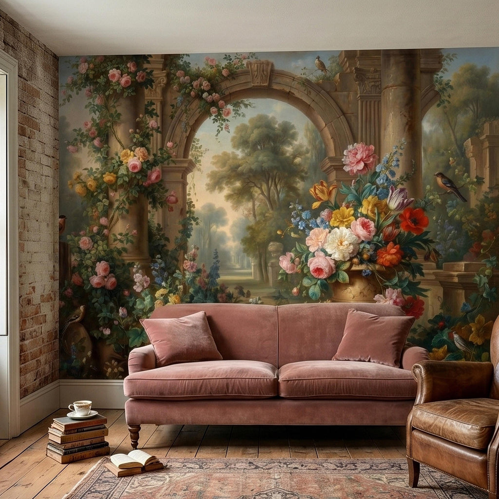 Vintage Floral Garden Peel and Stick Wall Mural, Romantic Stone Archway Roses Peonies and Birds, Classic European Landscape Wallpaper