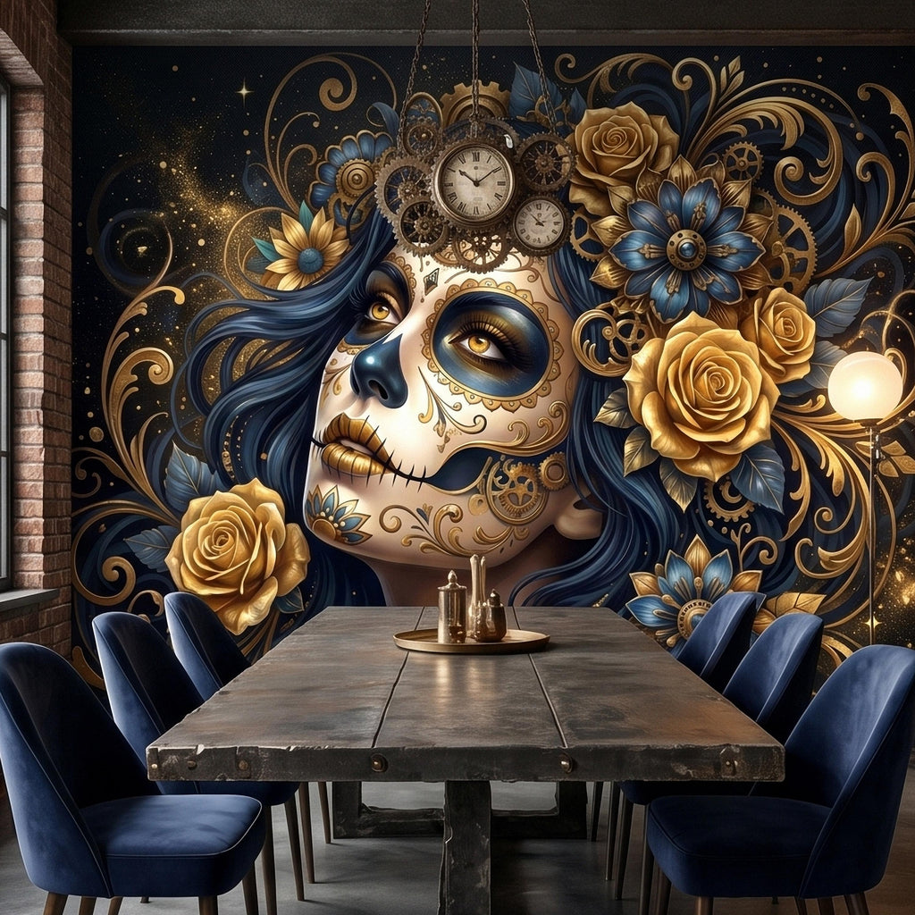 Steampunk Sugar Skull Woman Peel and Stick Wall Mural, Day of the Dead Gothic Portrait with Gold Roses and Gears Dark Night Floral Wallpaper