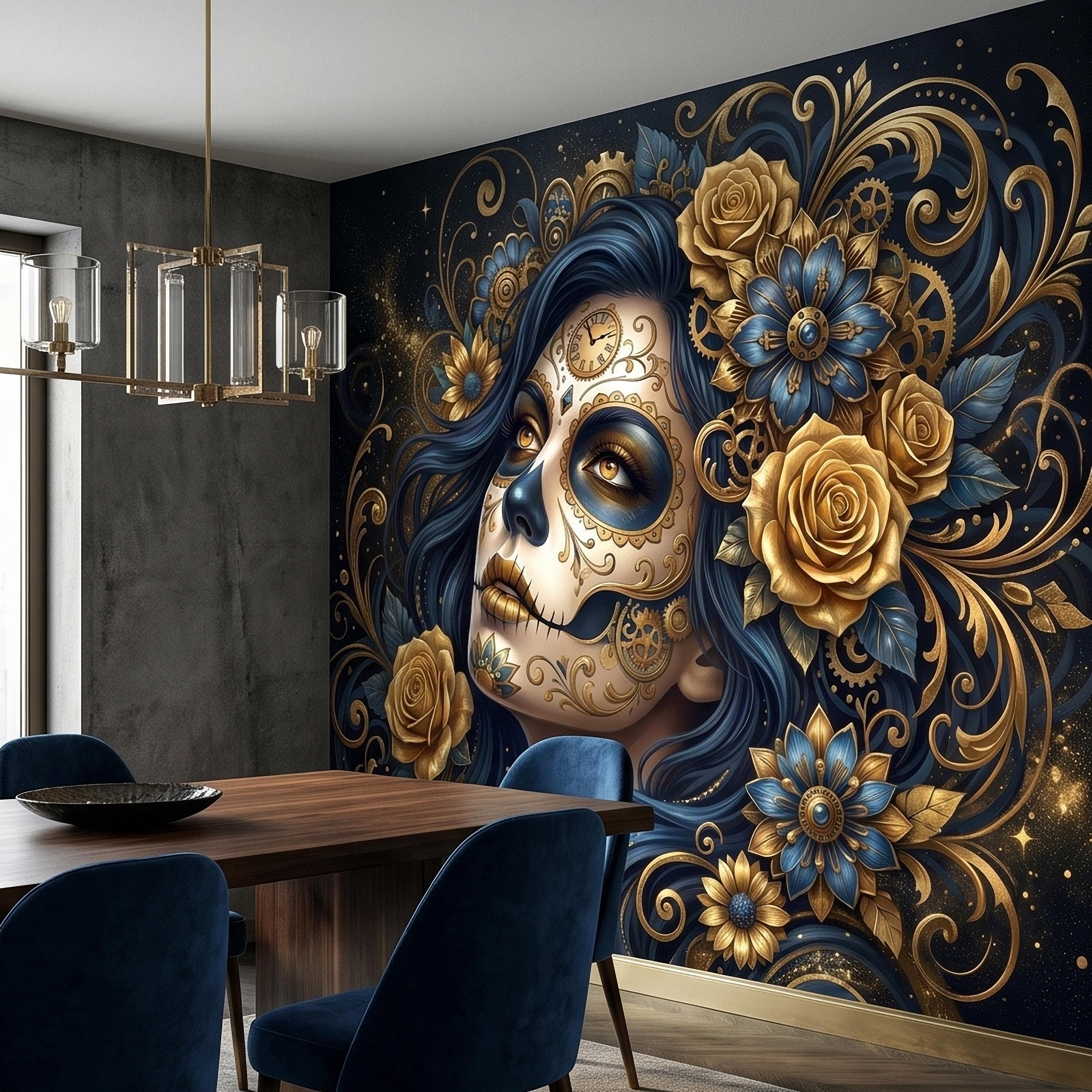 Steampunk Sugar Skull Woman Peel and Stick Wall Mural, Day of the Dead Gothic Portrait with Gold Roses and Gears Dark Night Floral Wallpaper