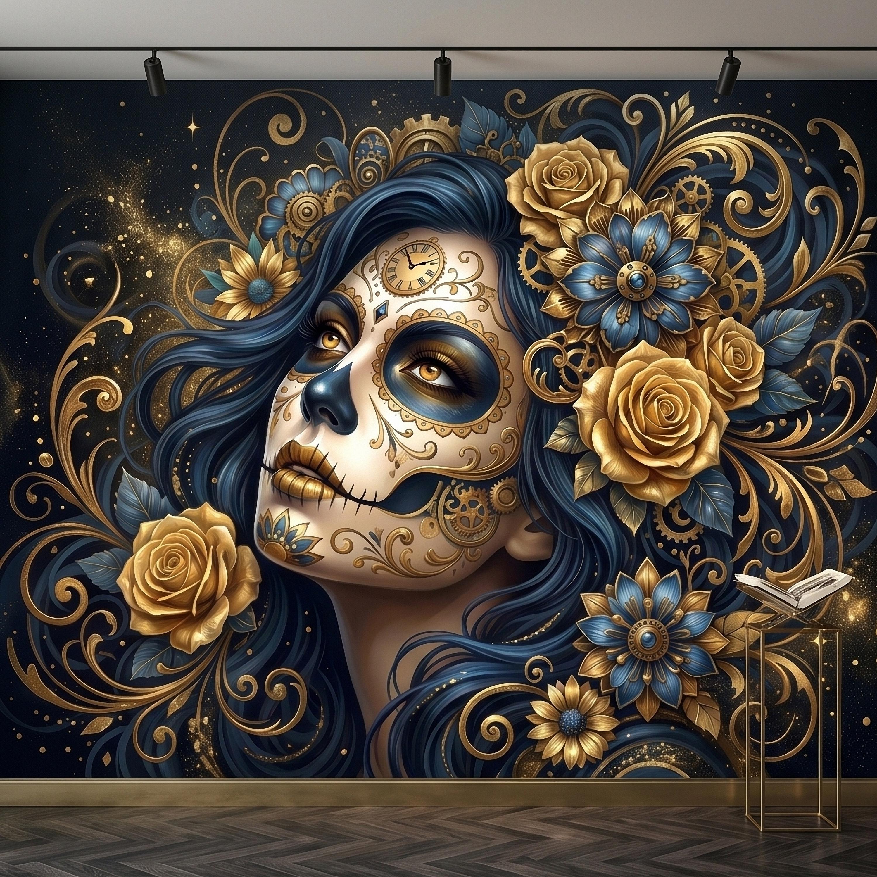 Steampunk Sugar Skull Woman Peel and Stick Wall Mural, Day of the Dead Gothic Portrait with Gold Roses and Gears Dark Night Floral Wallpaper