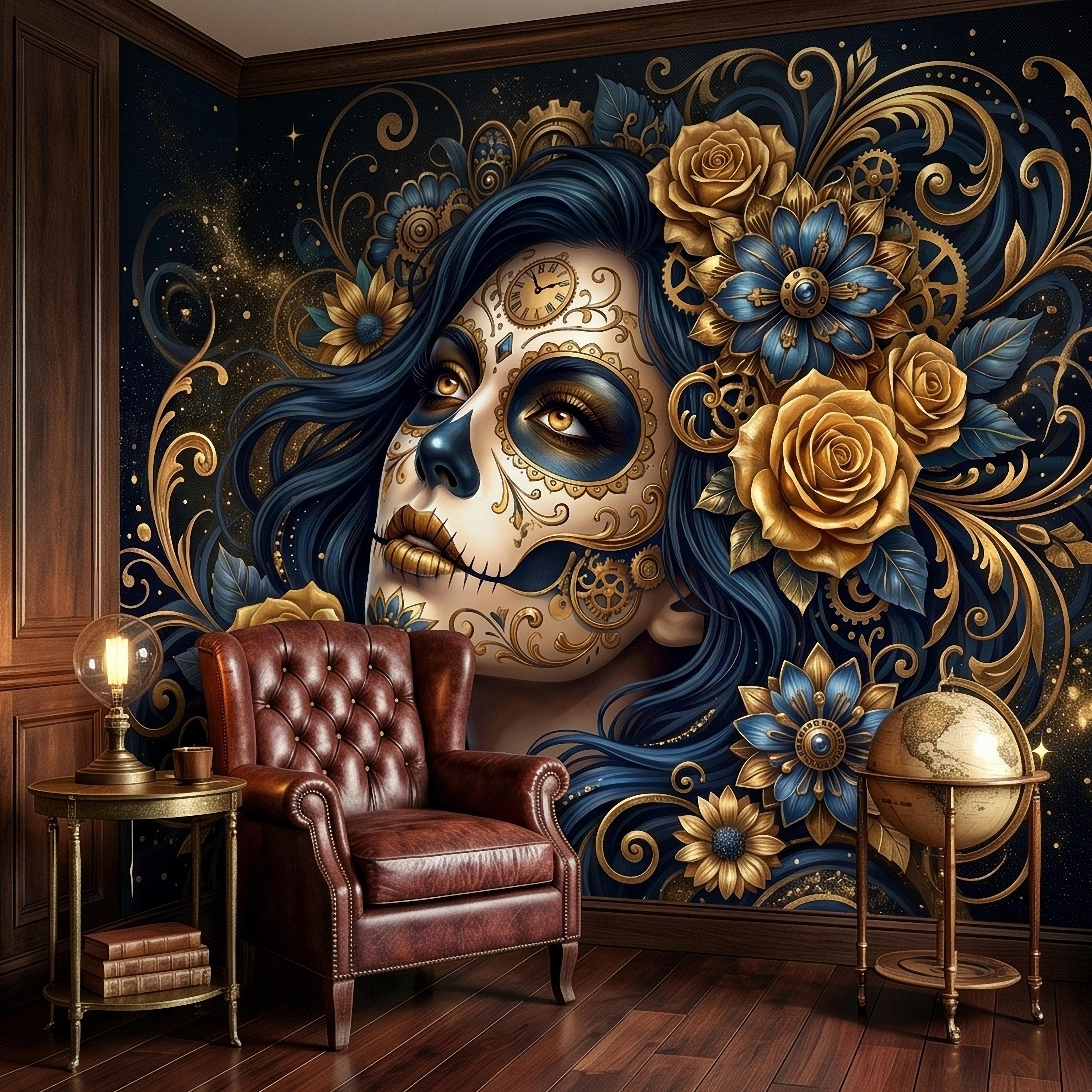 Steampunk Sugar Skull Woman Peel and Stick Wall Mural, Day of the Dead Gothic Portrait with Gold Roses and Gears Dark Night Floral Wallpaper