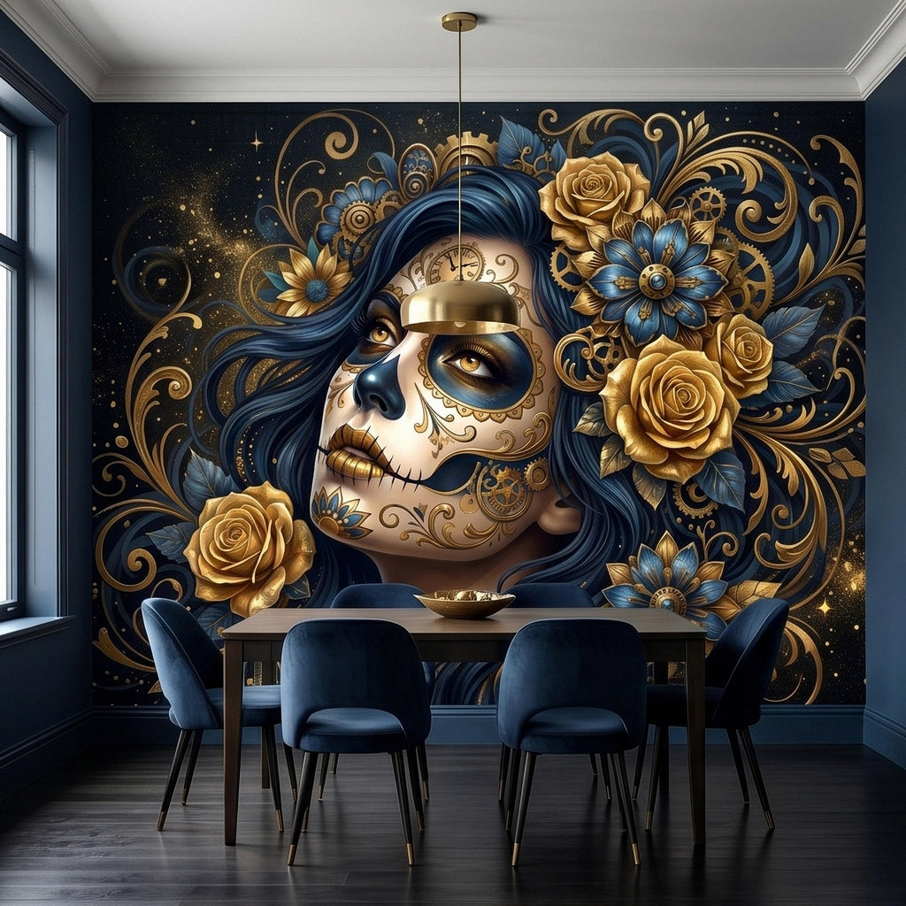 Steampunk Sugar Skull Woman Peel and Stick Wall Mural, Day of the Dead Gothic Portrait with Gold Roses and Gears Dark Night Floral Wallpaper