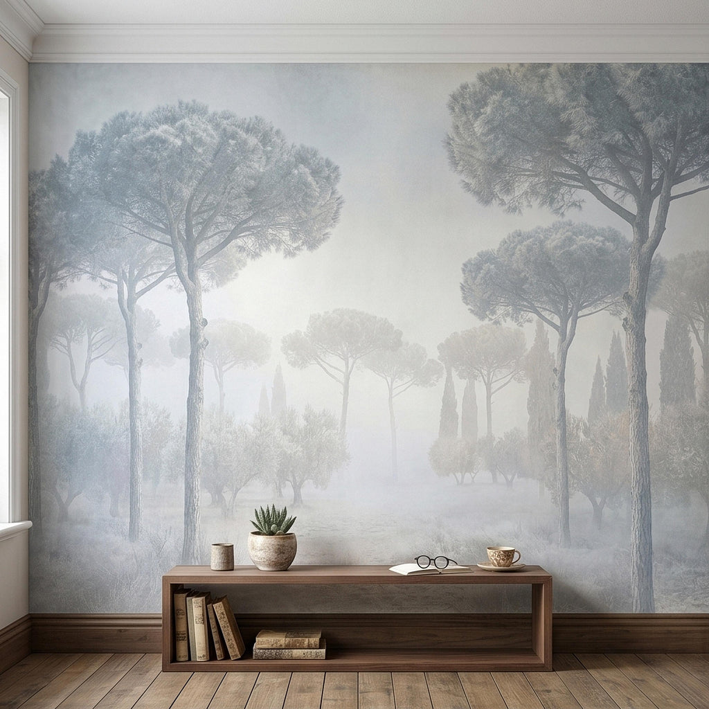 Misty Umbrella Pines Peel and Stick Wall Mural, Blue Gray Hazy Winter Fog Italian Tuscan Landscape with Cypress Trees Soft Neutral Wallpaper