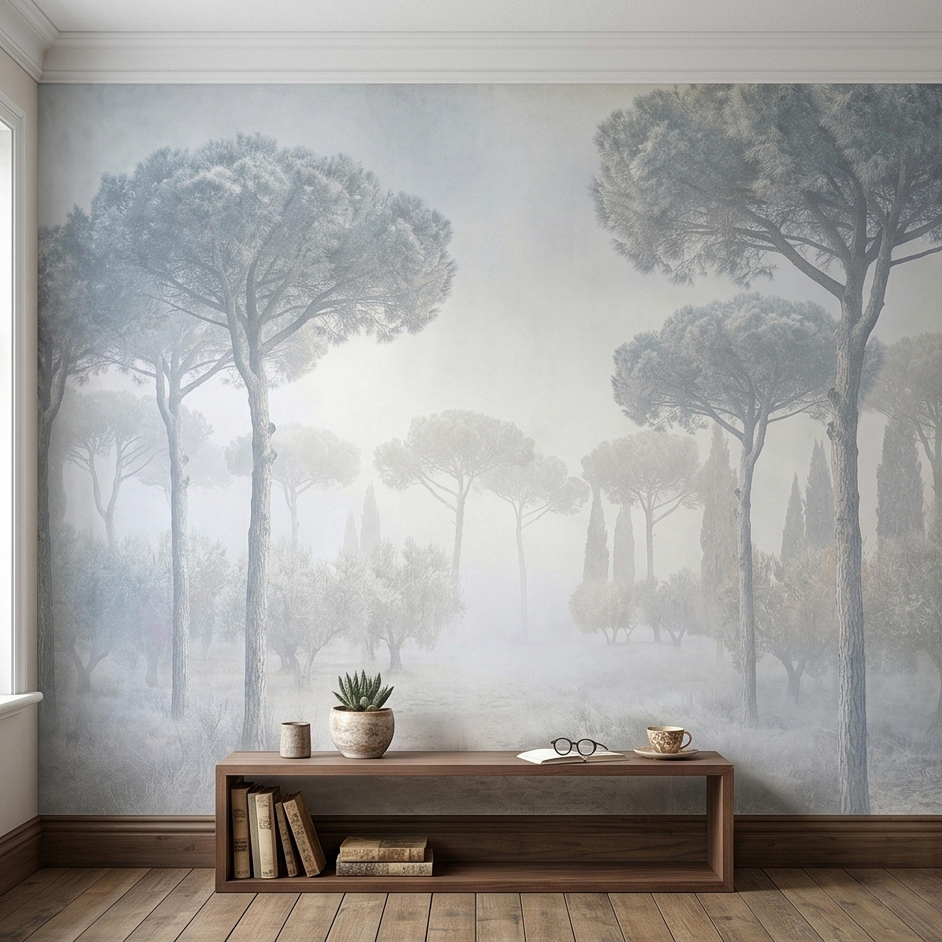 Misty Umbrella Pines Peel and Stick Wall Mural, Blue Gray Hazy Winter Fog Italian Tuscan Landscape with Cypress Trees Soft Neutral Wallpaper