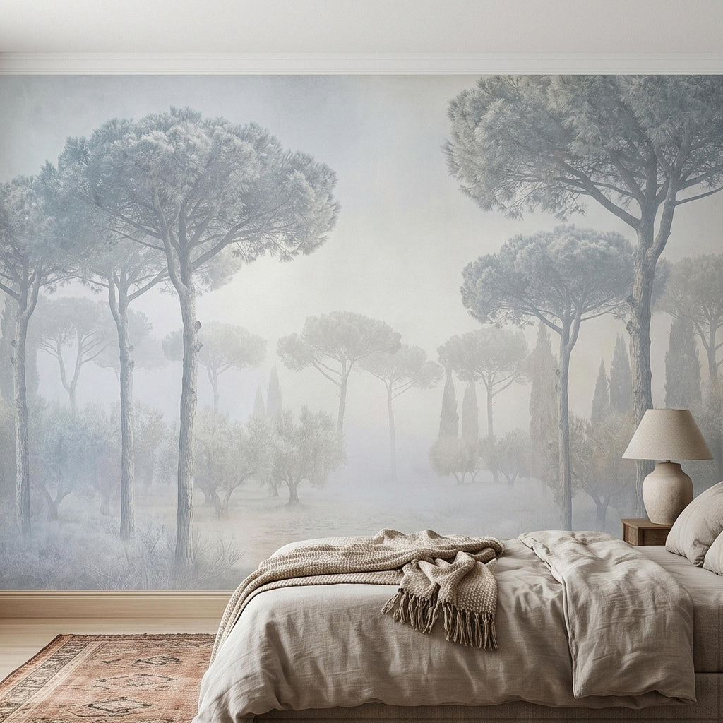 Misty Umbrella Pines Peel and Stick Wall Mural, Blue Gray Hazy Winter Fog Italian Tuscan Landscape with Cypress Trees Soft Neutral Wallpaper
