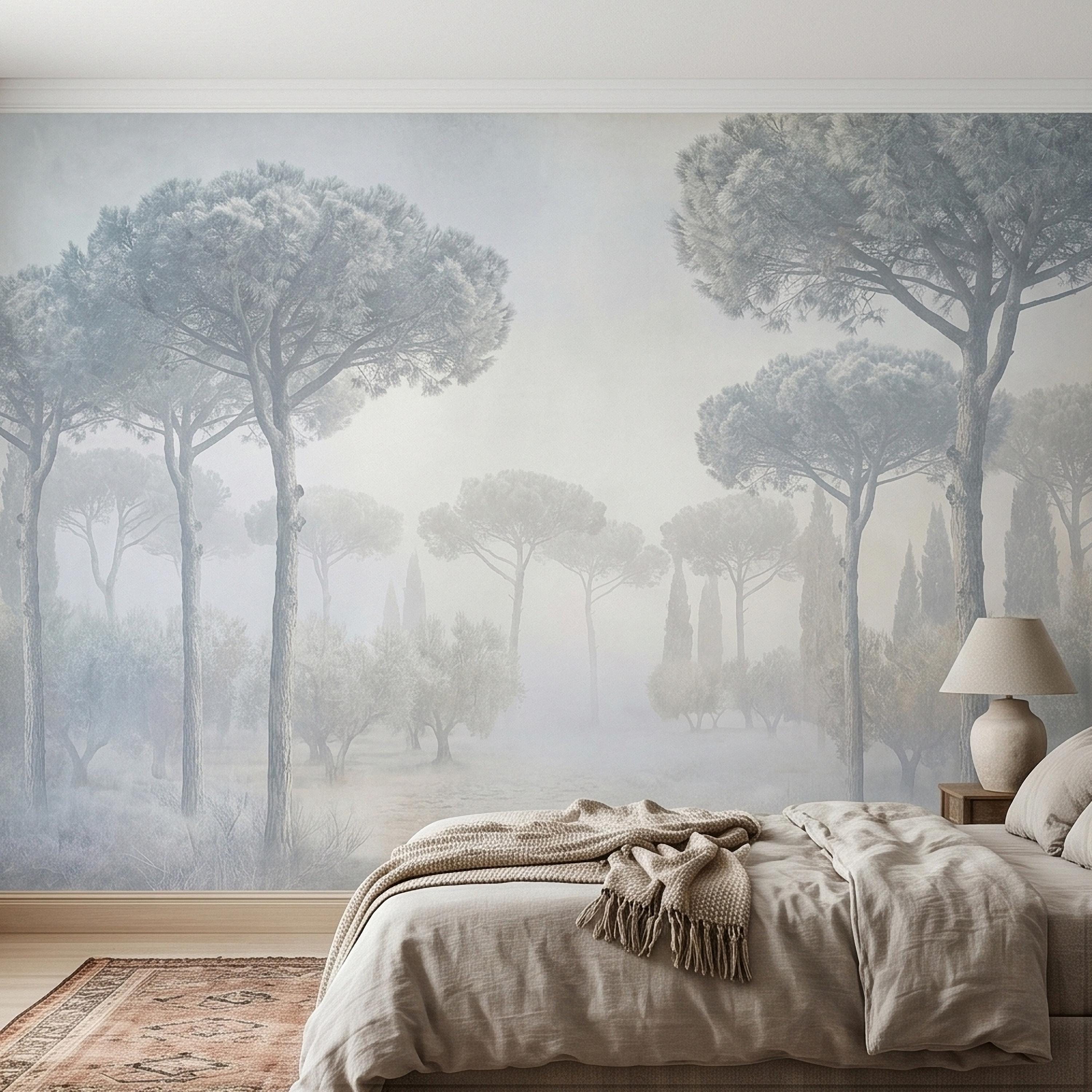 Misty Umbrella Pines Peel and Stick Wall Mural, Blue Gray Hazy Winter Fog Italian Tuscan Landscape with Cypress Trees Soft Neutral Wallpaper