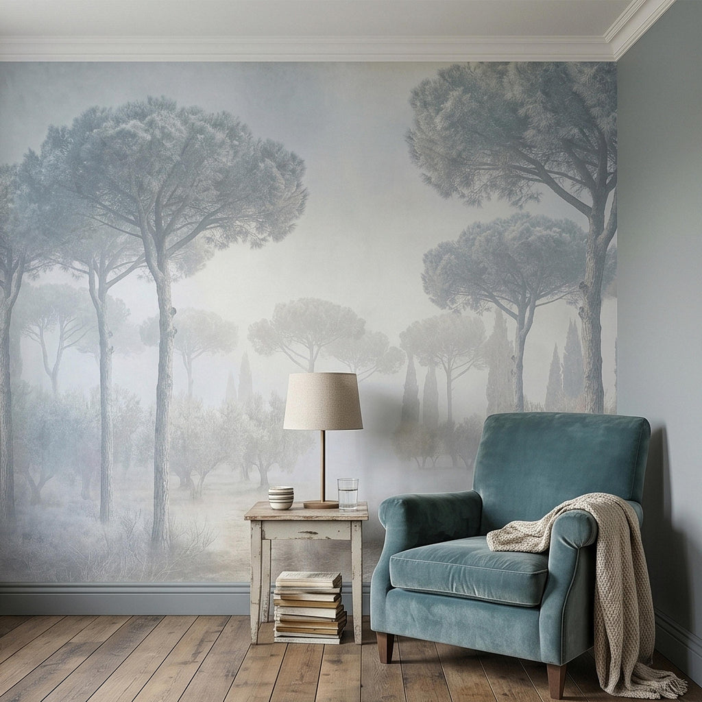 Misty Umbrella Pines Peel and Stick Wall Mural, Blue Gray Hazy Winter Fog Italian Tuscan Landscape with Cypress Trees Soft Neutral Wallpaper
