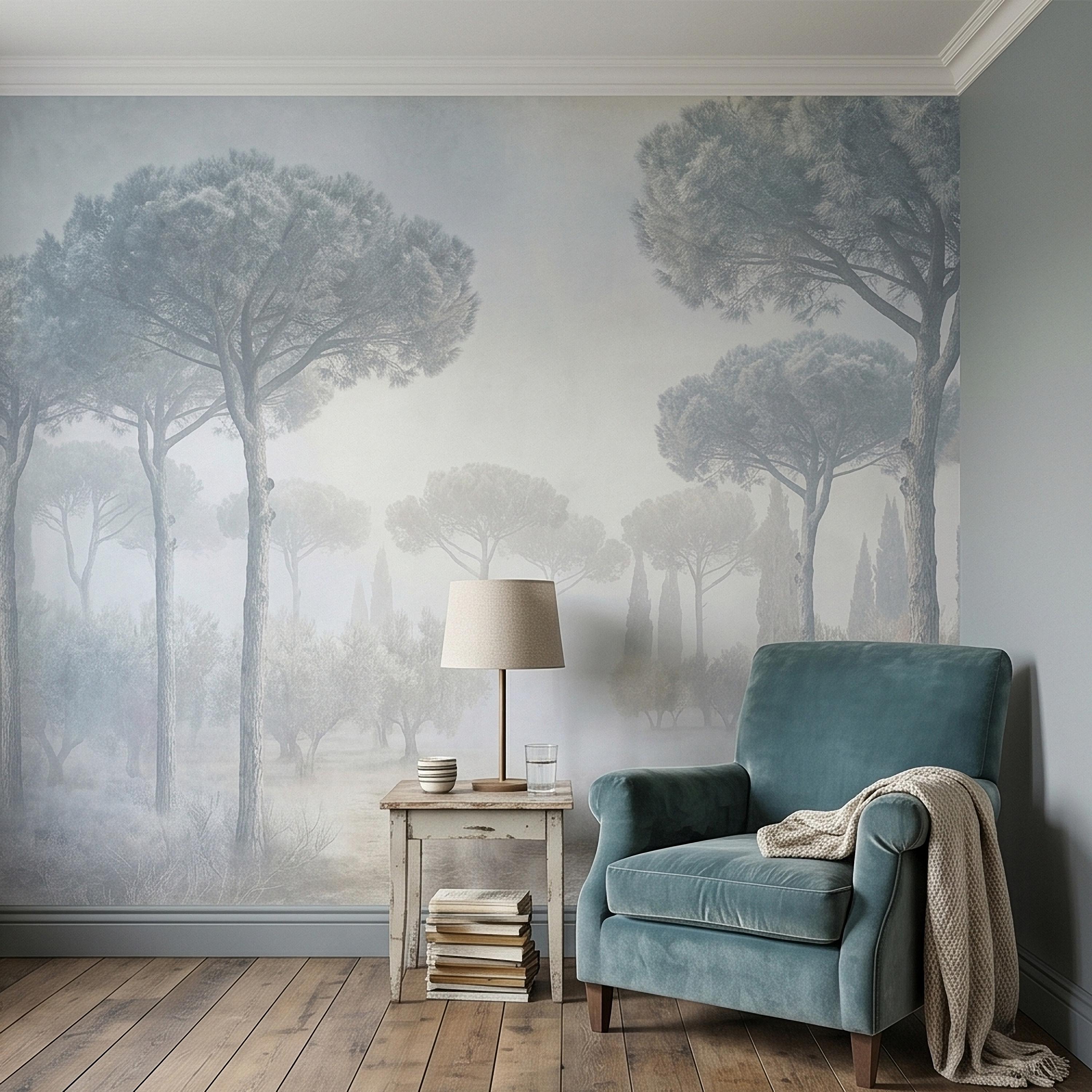 Misty Umbrella Pines Peel and Stick Wall Mural, Blue Gray Hazy Winter Fog Italian Tuscan Landscape with Cypress Trees Soft Neutral Wallpaper