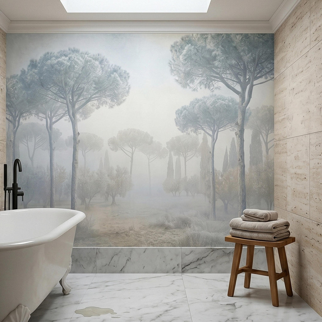 Misty Umbrella Pines Peel and Stick Wall Mural, Blue Gray Hazy Winter Fog Italian Tuscan Landscape with Cypress Trees Soft Neutral Wallpaper