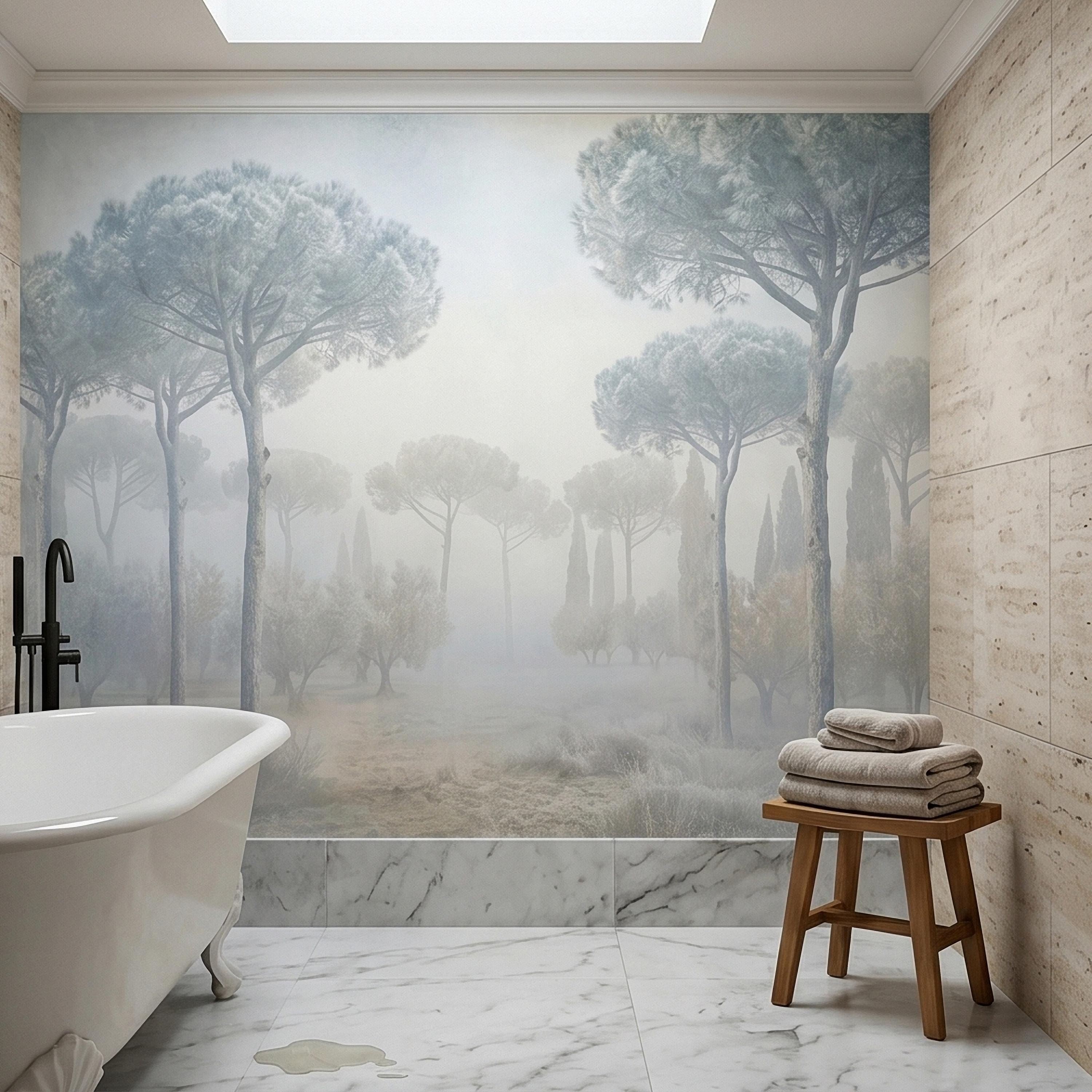 Misty Umbrella Pines Peel and Stick Wall Mural, Blue Gray Hazy Winter Fog Italian Tuscan Landscape with Cypress Trees Soft Neutral Wallpaper