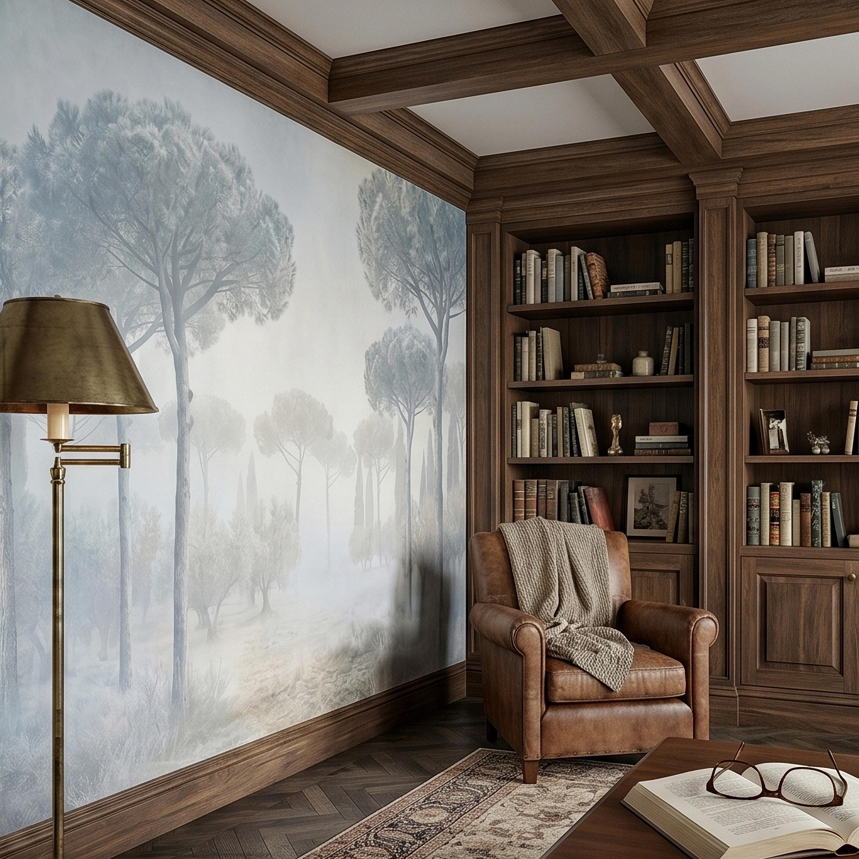 Misty Umbrella Pines Peel and Stick Wall Mural, Blue Gray Hazy Winter Fog Italian Tuscan Landscape with Cypress Trees Soft Neutral Wallpaper