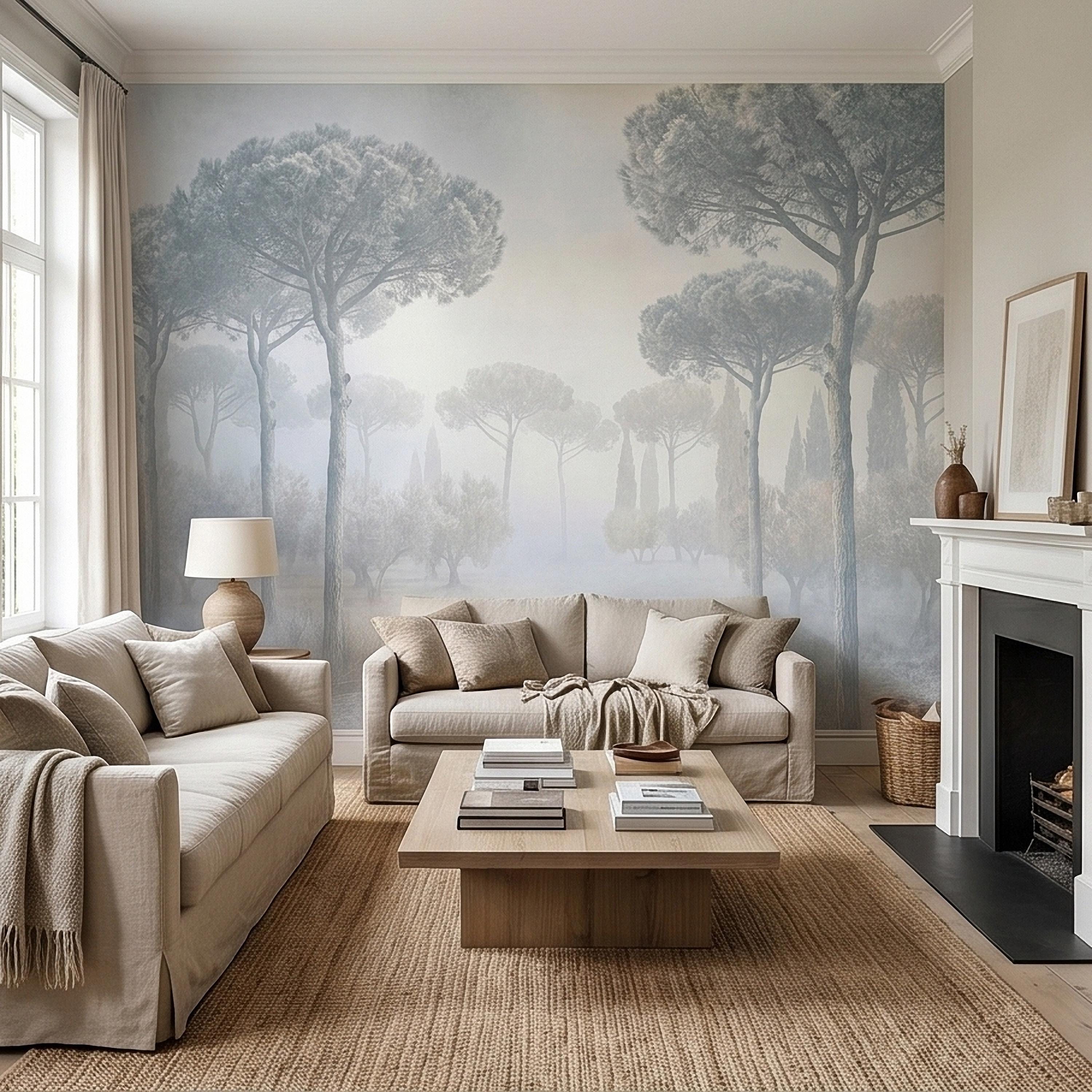 Misty Umbrella Pines Peel and Stick Wall Mural, Blue Gray Hazy Winter Fog Italian Tuscan Landscape with Cypress Trees Soft Neutral Wallpaper