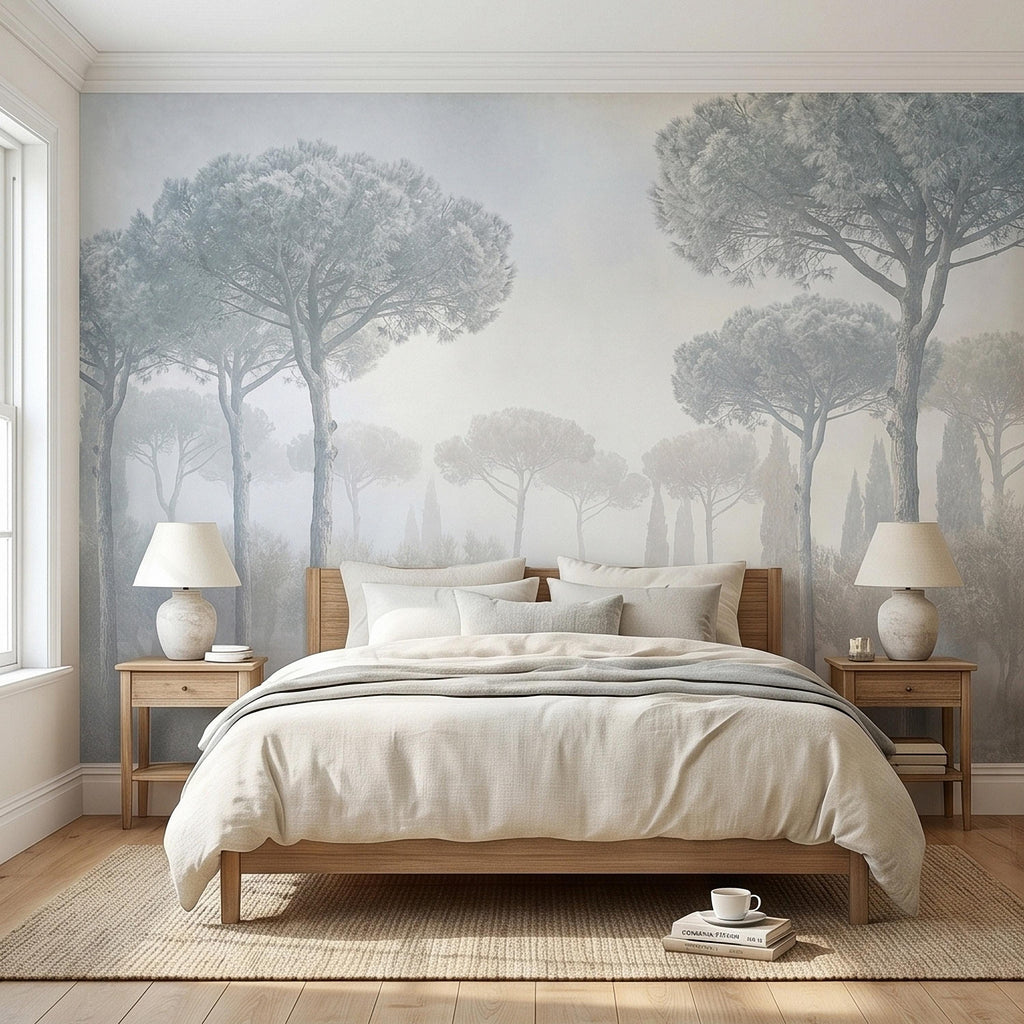 Misty Umbrella Pines Peel and Stick Wall Mural, Blue Gray Hazy Winter Fog Italian Tuscan Landscape with Cypress Trees Soft Neutral Wallpaper