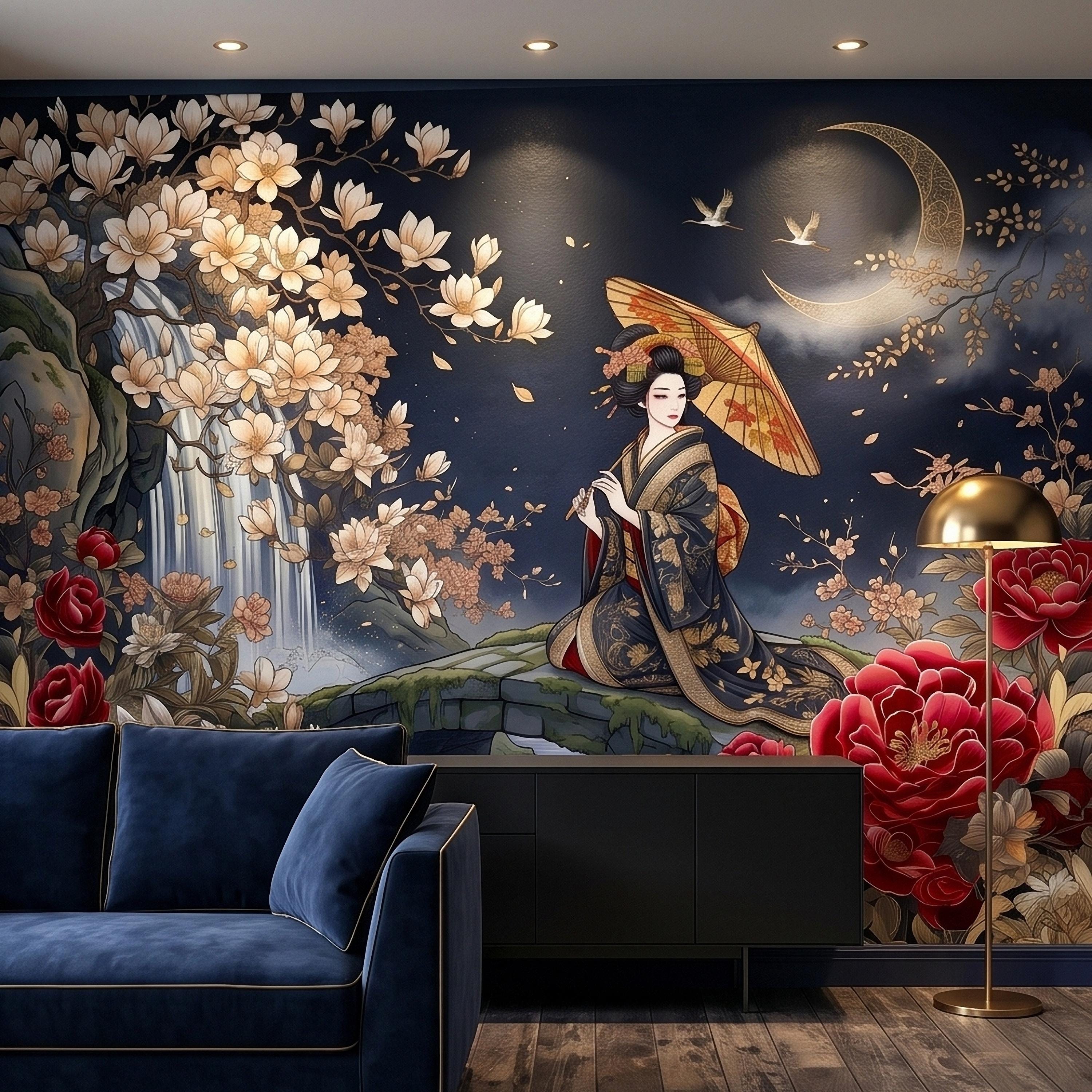 Japanese Geisha Kimono Peel and Stick Wall Mural, Moonlit Sakura Blossoms and Red Peonies, Waterfall Garden Bridge Oriental Art Wallpaper
